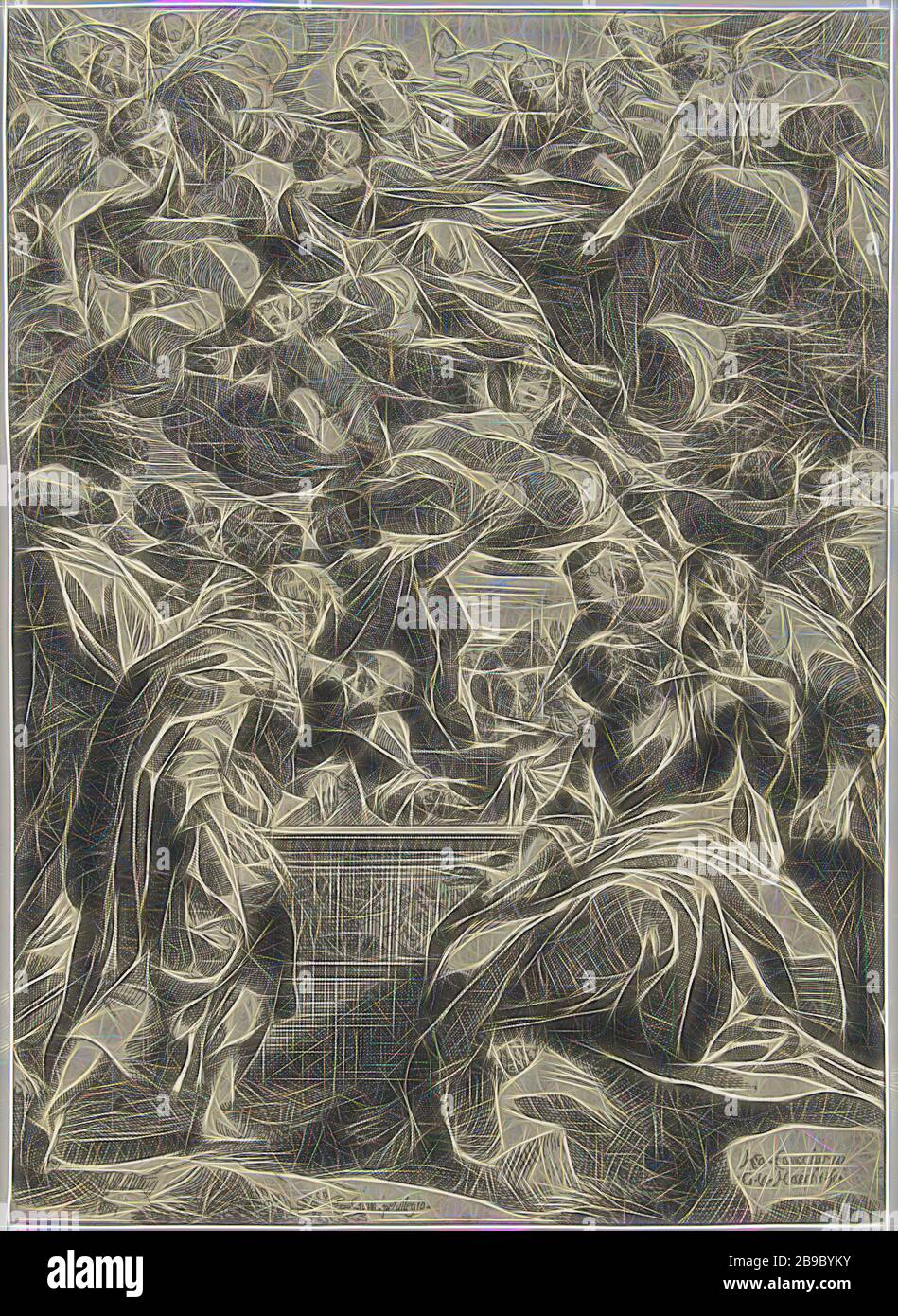 Mariä Himmelfahrt wird Maria mit ihren Armen von Engeln weggetragen. Unter ihr das von den Aposteln umgebene offene Grab Mariä Himmelfahrt ('assumptio corporis'): Sie wird von Engeln (in der Luft schwebender Engel), Willem van Haecht (II) (auf Objekt erwähnt), Antwerpen, 1603 - 1637, Papier, Radierung, h 262 mm × w 191 mm, von Gibon neu vorstellbar, Entwurf eines warmfröhlichen Lichts der Helligkeit und Lichtstrahlen in den Himmel getragen. Klassische Kunst mit moderner Note neu erfunden. Fotografie inspiriert von Futurismus, die dynamische Energie moderner Technologie, Bewegung, Geschwindigkeit und Revolution von cu umfasst Stockfoto