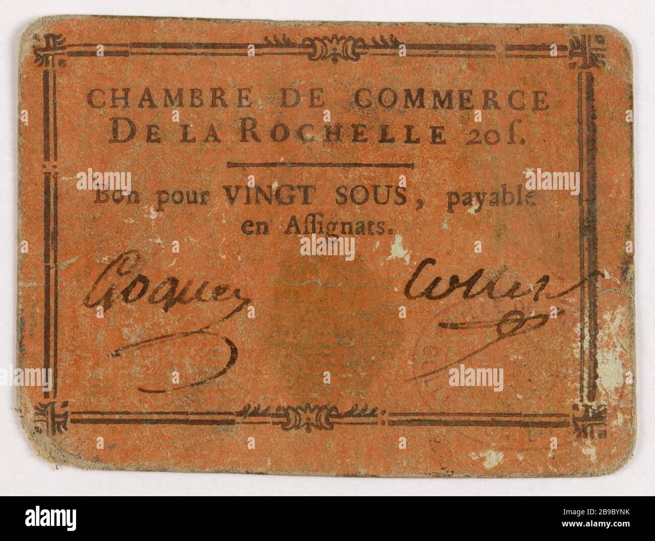 Gut für unter 20 Jahre, Handelskammer von La Rochelle. Anonyme. Bon pour 20 sous, chambre de commerce de La Rochelle. Typographie, Encre, Papier-Rose. Paris, musée Carnavalet. Stockfoto