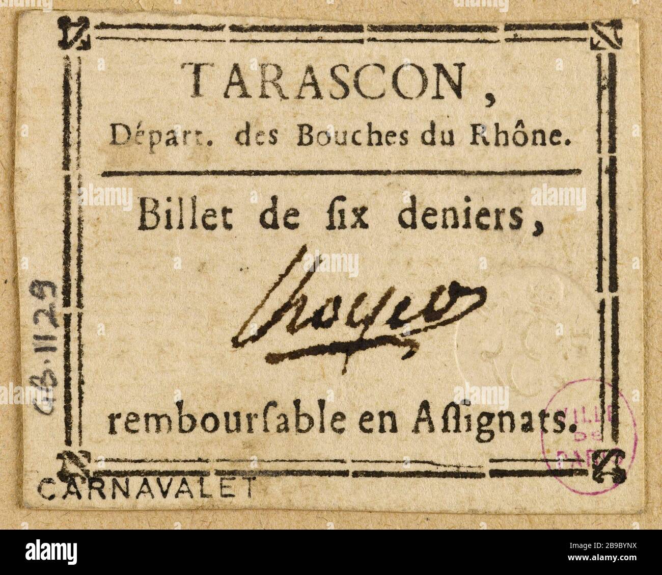 Ticket 6 Pence, Tarascon. Anonyme. Billet de 6 deniers, Tarascon. Typographie, encre. Paris, musée Carnavalet. Stockfoto