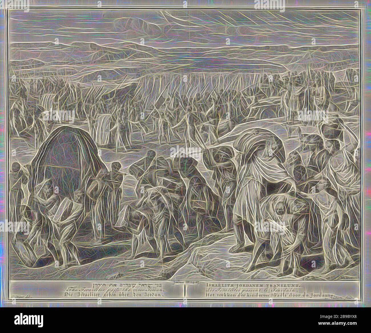 Über den Jordan, vorne links, sind Priester, die die Bundeslade tragen. In der Mitte heben jeweils zwölf Männer einen Stein vom Boden des Jordan. Dahinter überqueren die Israeliten den Jordan. Hinter ihnen bildet das Wasser des Jordaan einen Staudamm. Unter einem Hinweis auf Joz. 3: 14-17 und der Titel des Drucks auf Hebräisch, Englisch, Deutsch, Latein, Französisch und Niederländisch, zwölf Männer nehmen zwölf Steine aus der Mitte des Flusses, die Kreuzung des Jordan durch die Israeliten, Cornelis Huyberts (auf dem Objekt erwähnt), Amsterdam, 1720 - 1728, Papier, Gravur, h 358 mm × w 432 mm, neu von Gib Stockfoto