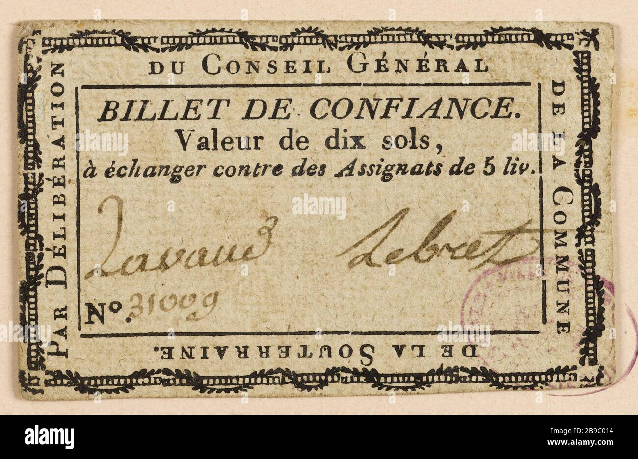 10 notieren Sie die Stadt La Souterraine, Nr. 31009. Anonyme. Billet de confiance de 10 sols, commune de La Souterraine, Nr. 31009. Typographie, encre. Paris, musée Carnavalet. Stockfoto