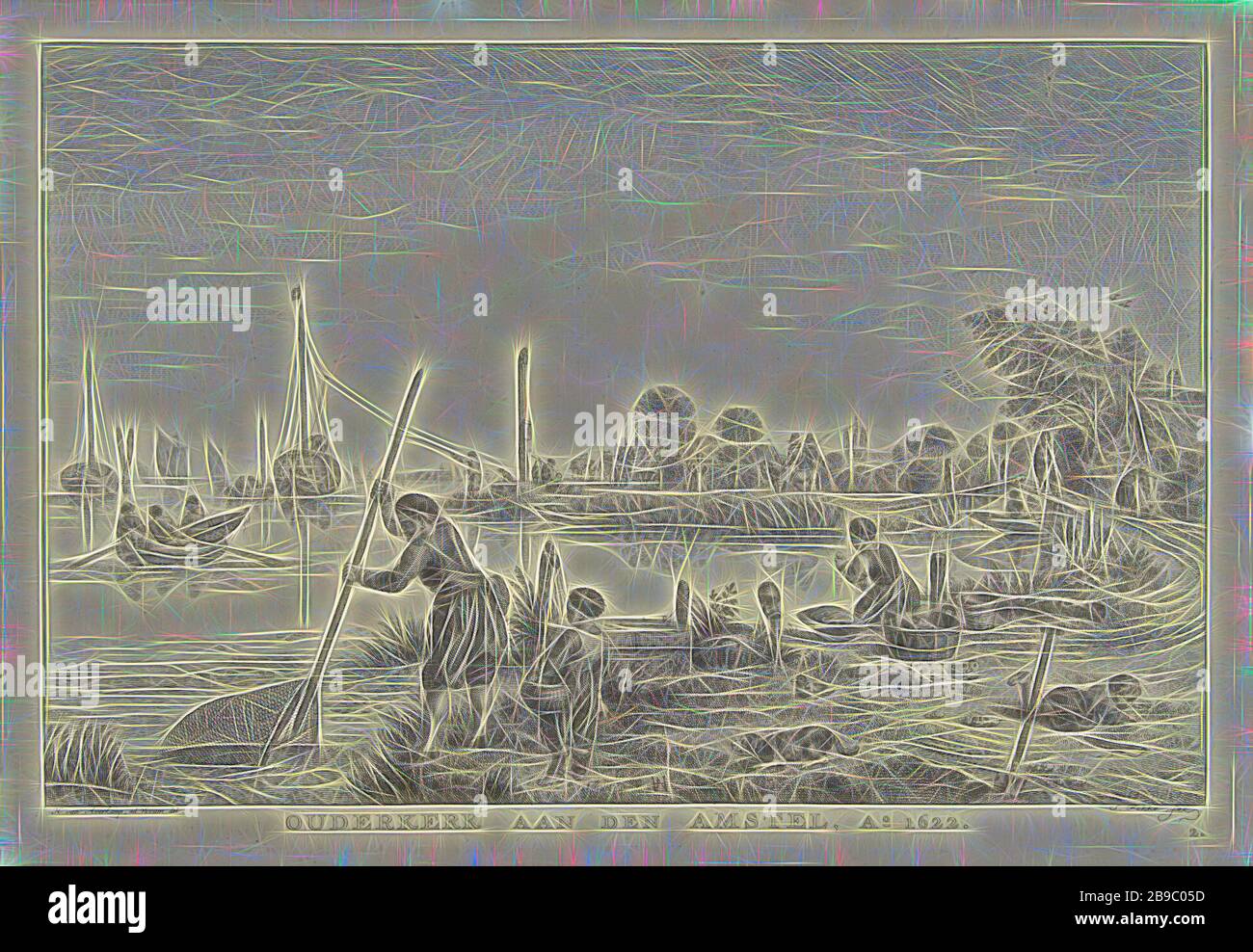 Zahlen über die Bank in Ouderkerk aan de Amstel, 1622 Ouderkerk aan de Amstel, 1622 (Titel auf Objekt) North Holland Landschaften (Titel der Serie), die Zahlen über die Bank in Ouderkerk aan de Amstel. Ein Junge beobachtet, wie ein Mann fängt die Fische mit einem Kescher. Die Frau auf der Straße ist die Wäsche und hat ihr Kind in den waschzuber hinter ihr. Enten, ein Hund und ein spielendes Kind liegen im Gras auf der Bank. In der Ferne Passanten, die zu Fuß und zu Pferd. Rudern und Segeln Schiffe, Ufer, Erholung, Fischer, Ruderboot, Kanu, etc, Ouderkerk aan de Amstel Segel auf dem Wasser, Simon Fok Stockfoto