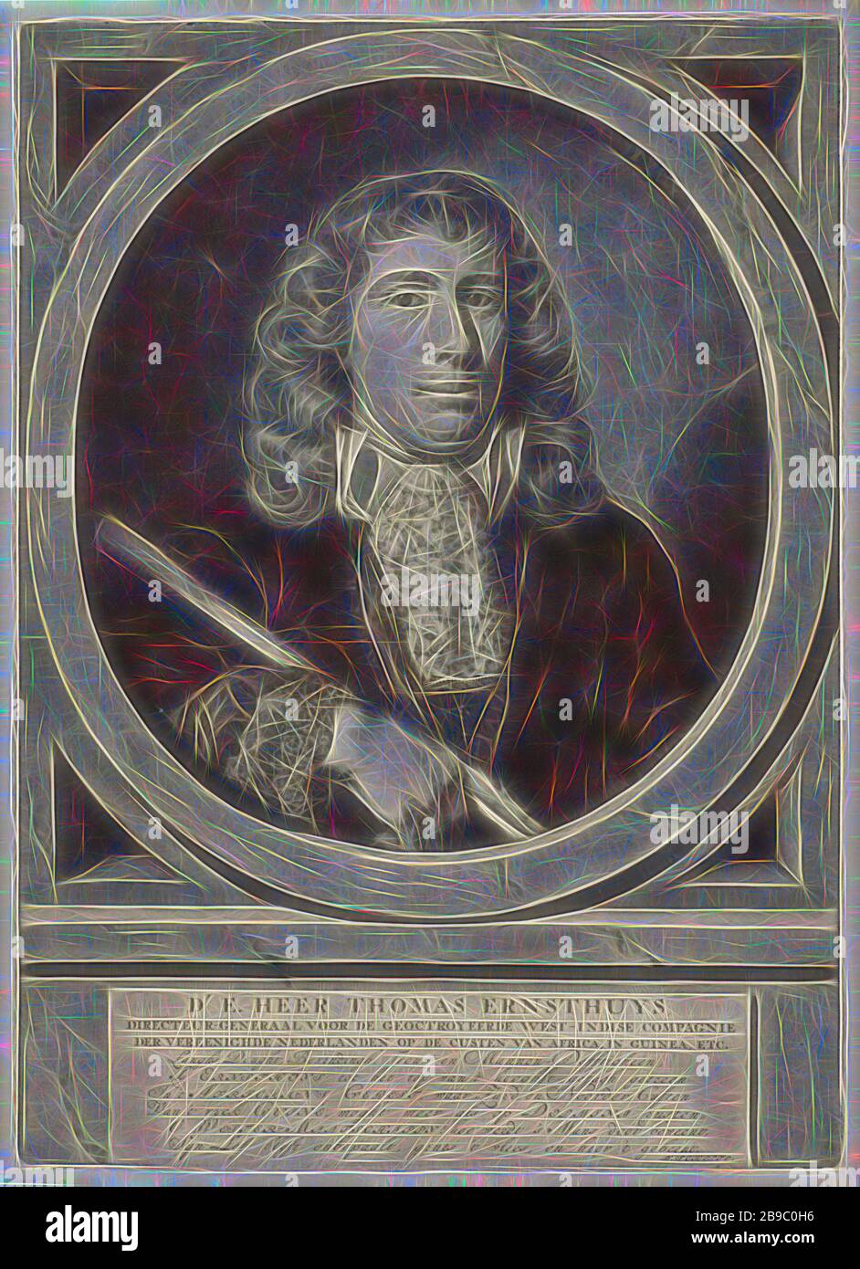 Porträt Thomas Ernsthuys, Generaldirektor der West India Company, anlässlich seines Todes. Er hat einen Stab in der rechten Hand. Am Rand sind Name, Titel und ein Gedicht, Afrika, Guinea, West India Company, Thomas Ernsthuys, Abraham Bloteling (erwähnt am Objekt), Amsterdam, 1684 - 1690, Papier, Gravur, h 355 mm × w 255 mm, von Gibon neu vorgestellt, Design von warmem, fröhlichem Leuchten von Helligkeit und Lichtstrahlen. Klassische Kunst mit moderner Note neu erfunden. Fotografie, inspiriert vom Futurismus, die dynamische Energie moderner Technologie, Bewegung, Geschwindigkeit und Kultur revolutionieren. Stockfoto