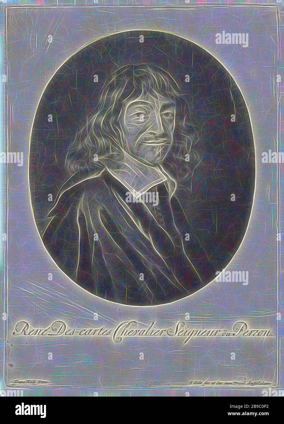 Porträt von René Descartes, René Descartes, französischer Philosoph und Mathematikhistoriker, Jacob Gole (erwähnt am Objekt), Amsterdam, 1670 - 1724, Papier, Gravur, h 255 mm × w 180 mm, von Gibon neu vorgestellt, Entwurf eines warmfröhlichen Lichts von Helligkeit und Lichtstrahlen. Klassische Kunst mit moderner Note neu erfunden. Fotografie, inspiriert vom Futurismus, die dynamische Energie moderner Technologie, Bewegung, Geschwindigkeit und Kultur revolutionieren. Stockfoto