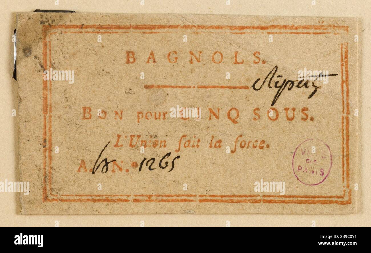 Gut für 5 in Bagnols, A. H. Nr. 1265. Anonyme. Bon pour 5 sous, Bagnols, A. H. Nr. 1265. Typographie rouge, encre. Paris, musée Carnavalet. Stockfoto