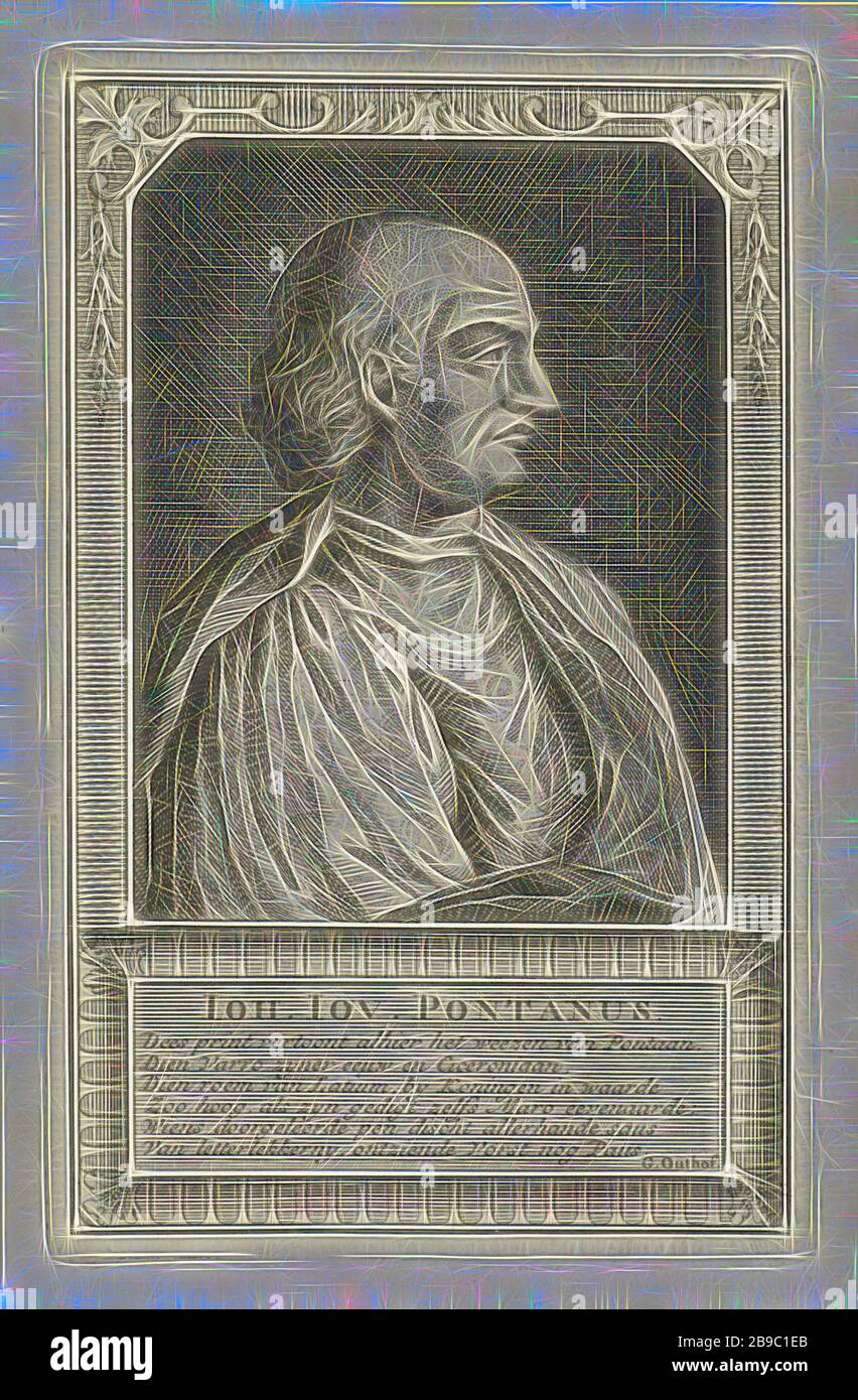 Porträt von Giovanni Gioviano Pontano, Büste im Porträt rechts von Giovanni Gioviano Pontano, italienischer Schriftsteller und Dichter, barköpfig. Um einen Zierrahmen, unter dem Porträt der Name der Person dargestellt, gefolgt von einem sechszeiligen holländischen Vers, Giovanni Pontano, Adolf van der Laan, 1694 - 1745, Papier, Gravur, h 160 mm × w 102 mm, von Gibon neu vorgestellt, Design mit warmem, fröhlichem Glanz von Helligkeit und Lichtstrahlen. Klassische Kunst mit moderner Note neu erfunden. Fotografie, inspiriert vom Futurismus, die dynamische Energie moderner Technologie, Bewegung, Geschwindigkeit und Kultur revolutionieren. Stockfoto