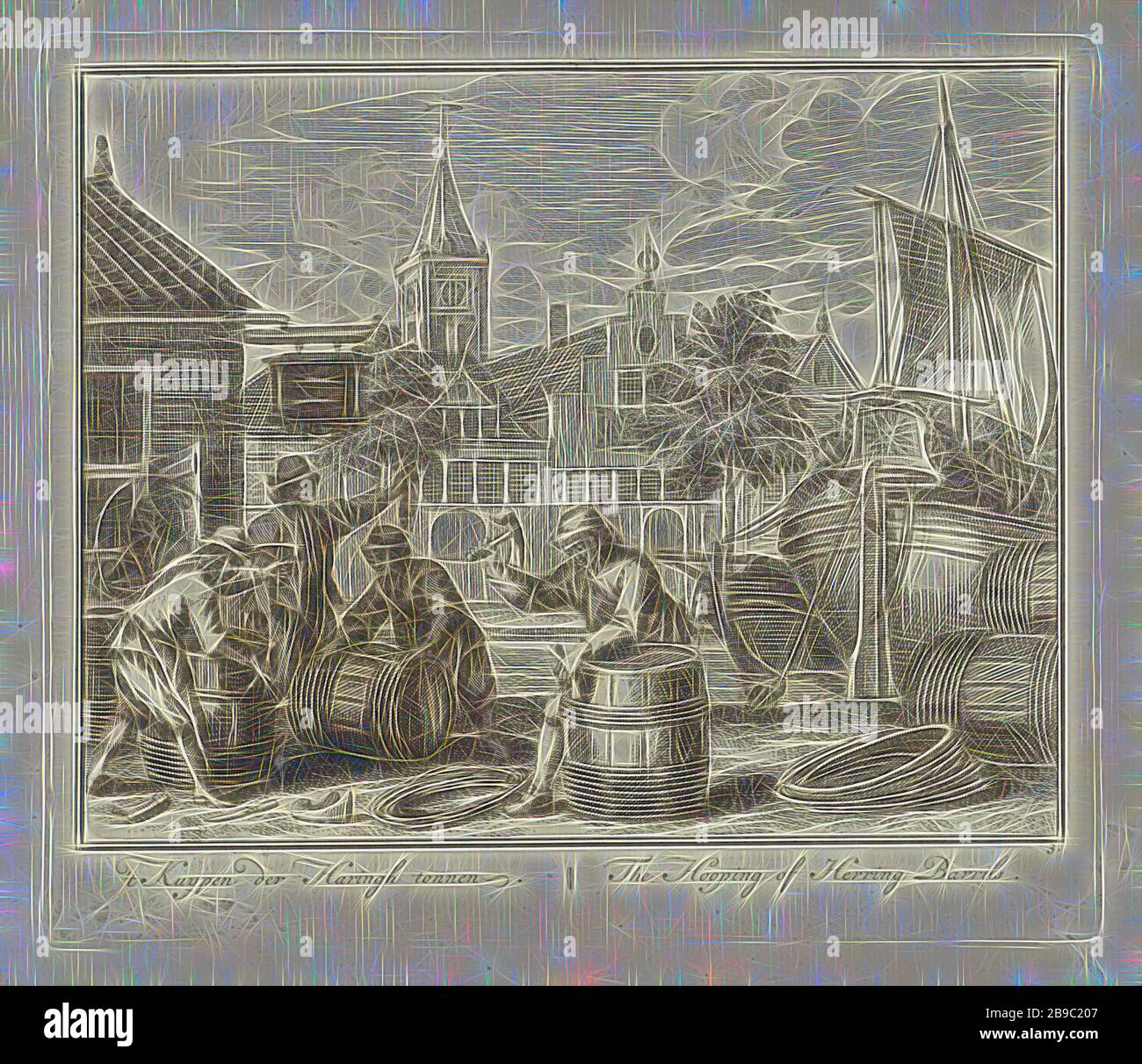 Wannen von Heringsfässern t Kuypen der Haringh-Fässer / der Hooping von Herring Barrils (Titel auf Objekt) Groote Vissery (Serientitel), Kuipers fertigen Heringsfässer auf dem Kai, auf der rechten Seite ein Boot an Land. Im Hintergrund Häuser und ein Kirchturm. Der Druck ist Teil einer 32-teiligen Druckereiserie mit Darstellungen über Heringsfang, Meer- und Küstenfischerei, knöcherne Fische: Hering, Holzcontainer: Fass, Kask, Eimer, Kunsthandwerk, Holz, Holz, Adolf van der Laan, Amsterdam, 1728 - 1761, Papier, Radierung, h 178 mm × w 207 mm, von Gibon neu erdacht, Entwurf von warmem fröhlichem Glowi Stockfoto