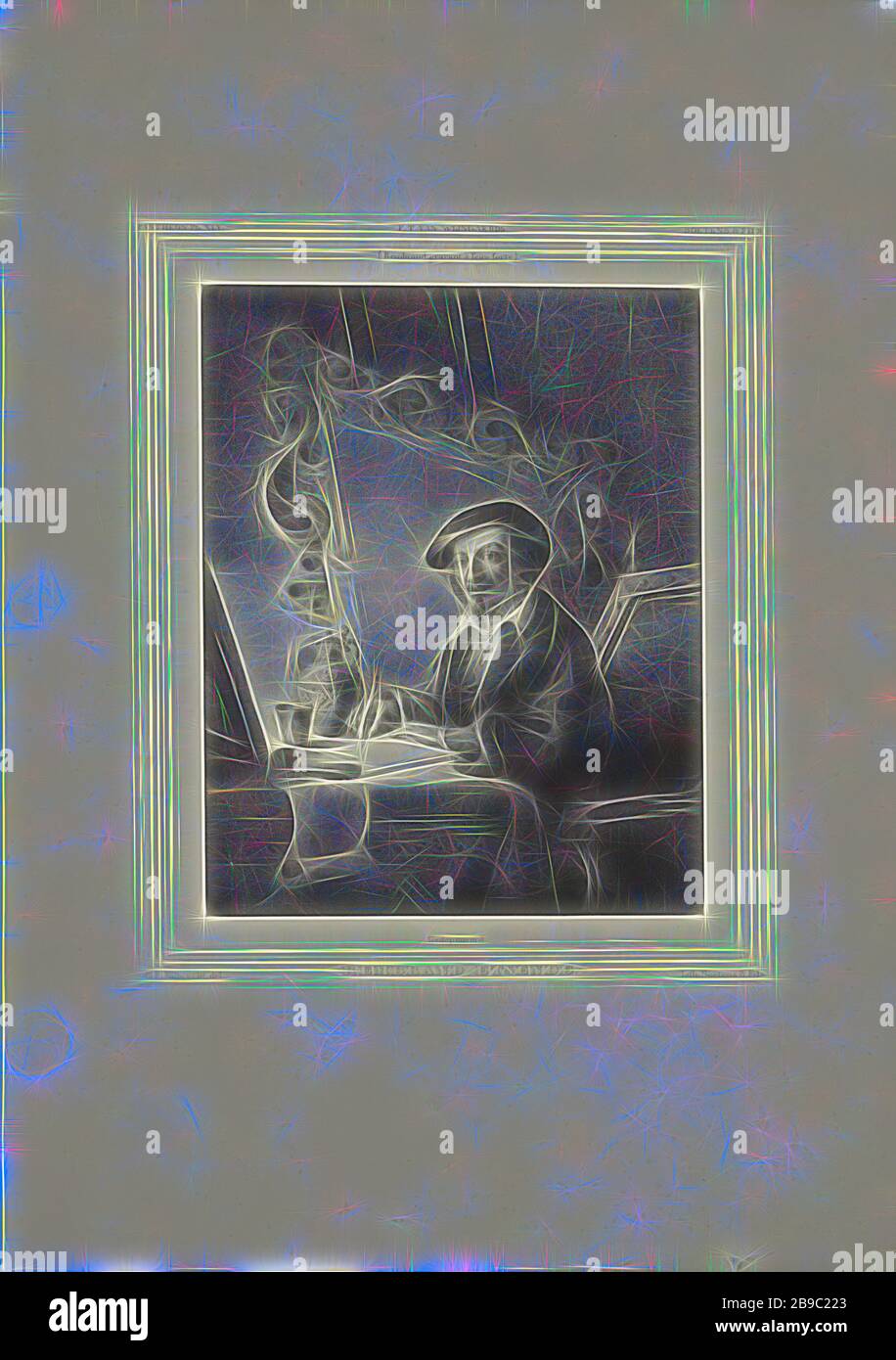 Rembrandt Radierung Rembrand Radierung (Titel auf Objekt) Rembrand Gravur à l'eau forte, Rembrandt sitzt am Tisch. Hinter ihm befindet sich ein großes gerahmtes Gemälde auf einer Staffelei. Auf dem Tisch vor ihm befindet sich ein weiteres Gemälde, das er auf eine Ätzplatte zieht. Auf dem Tisch eine Karaffe, eine Tasse und ein Blatt Papier. Der Maler trägt einen mit Pelz gefütterten Beret und eine Umhang, Künstler bei der Arbeit, in seiner Werkstatt, Radierung, Rembrandt van Rijn, Gerhardus Fredericus Eilbracht (auf Objekt erwähnt), den Haag, 1826 - 1854, Papier, h 445 mm × w 312 mm, neu von Gibon vorgestellt, Design von warmem, fröhlichem Leuchten der Helligkeit und Stockfoto