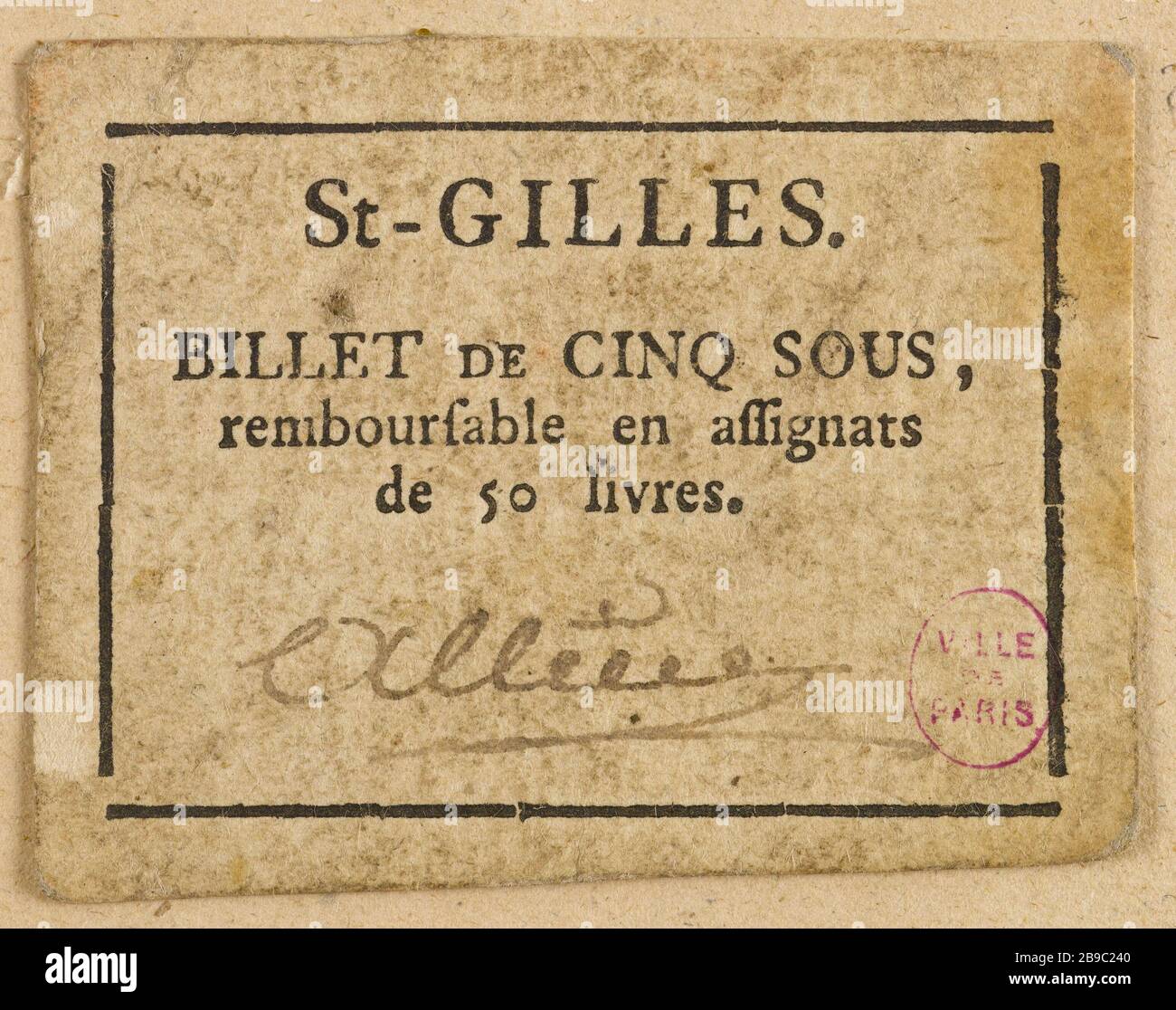 5 Hinweis in Saint-Gilles. Anonyme. Billet de 5 sous, Saint-Gilles. Typographie, encre. Paris, musée Carnavalet. Stockfoto
