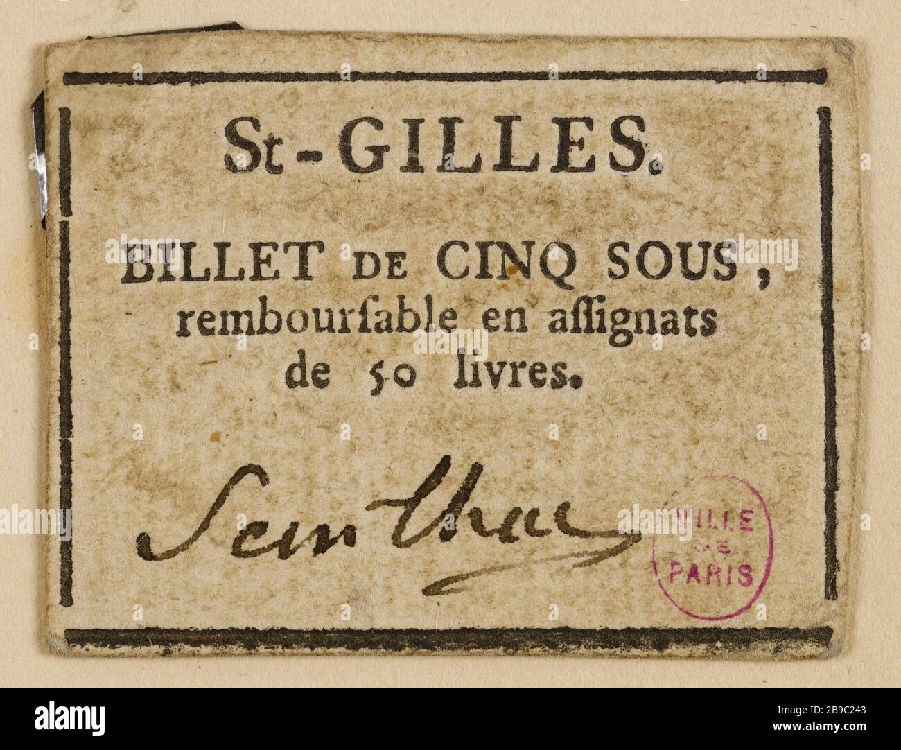 5 Hinweis in Saint-Gilles. Anonyme. Billet de 5 sous, Saint-Gilles. Typographie, encre. Paris, musée Carnavalet. Stockfoto