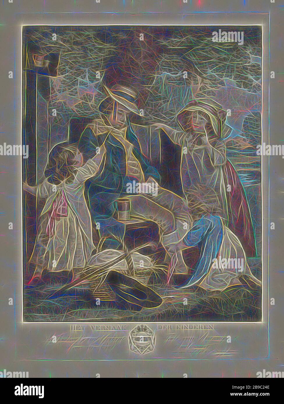 Mann und Kinder spielen Het Vermaak der Kinder. (Titel auf Objekt), Garten mit einem Mann und drei Kindern spielen. Einer der Kinder kitzelt den Mann mit einer Grasklinge, ein anderer bindet seine Füße. Im Vordergrund ein Korb, Gehstock, Hut und Rohr. Am Rand ein Wappen, Kinderspiele und Theaterstücke, Pieter Hendrik Jonxis (auf Objekt erwähnt), Utrechter, 1773-4, Papier, Radierung, h 499 mm × w 364 mm, von Gibon neu vorgestellt, Entwurf eines warmfröhlichen Lichts von Helligkeit und Lichtstrahlen. Klassische Kunst mit moderner Note neu erfunden. Fotografie inspiriert von Futurismus, umarmt von dy Stockfoto