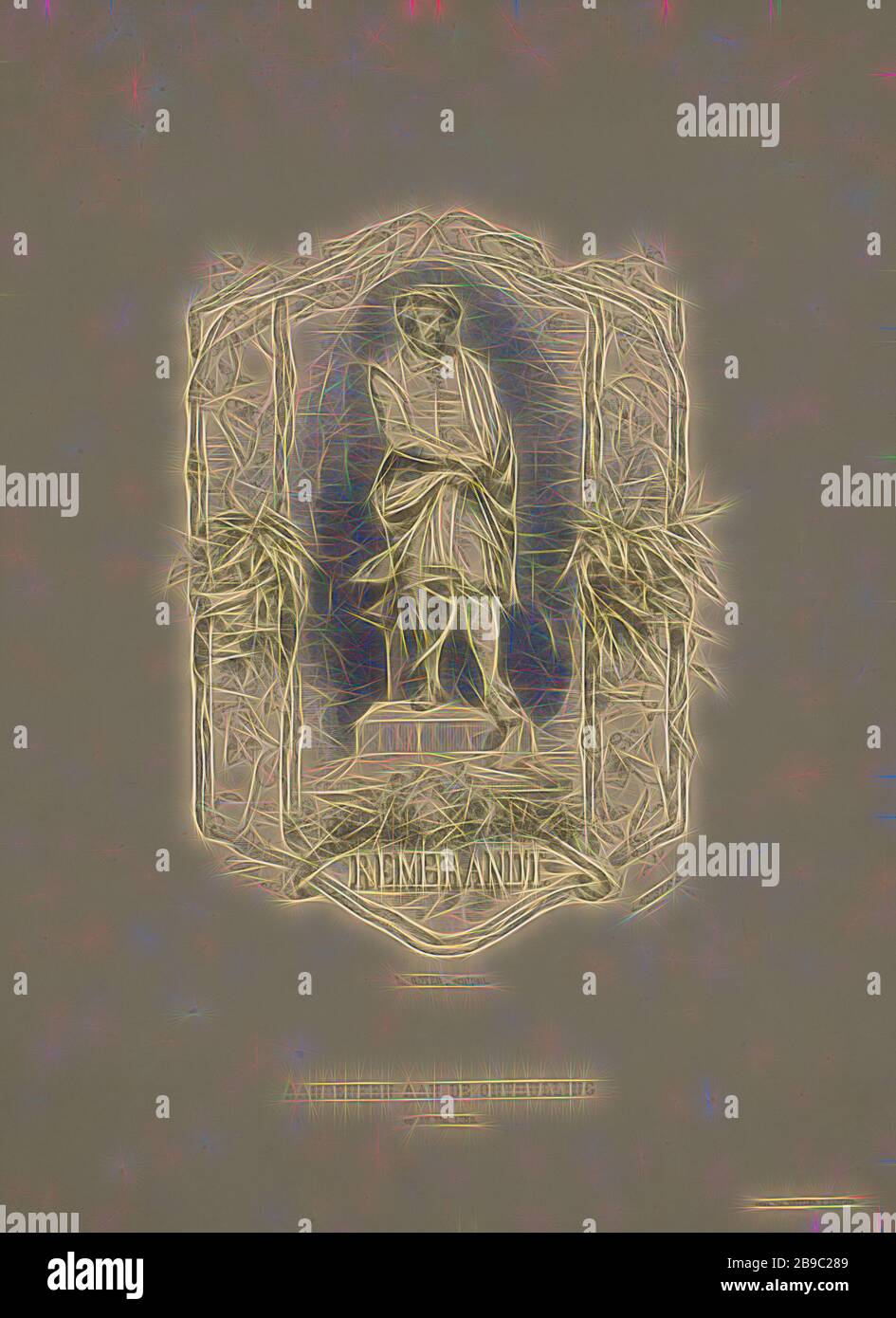 Statue von Rembrandt Harmensz. Van Rijn auf dem Rembrandtplein in Amsterdam, hergestellt anlässlich der Enthüllung vom 27. Mai 1852, Denkmal, Statue, Rembrandtplein, Rembrandt van Rijn, J.L. Lacoste (auf Objekt erwähnt), 1854-44, Papier, h 407 mm × w 299 mm, von Gibon überdacht, Design mit warmem, fröhlichem Glanz von Helligkeit und Lichtstrahlen. Klassische Kunst mit moderner Note neu erfunden. Fotografie, inspiriert vom Futurismus, die dynamische Energie moderner Technologie, Bewegung, Geschwindigkeit und Kultur revolutionieren. Stockfoto