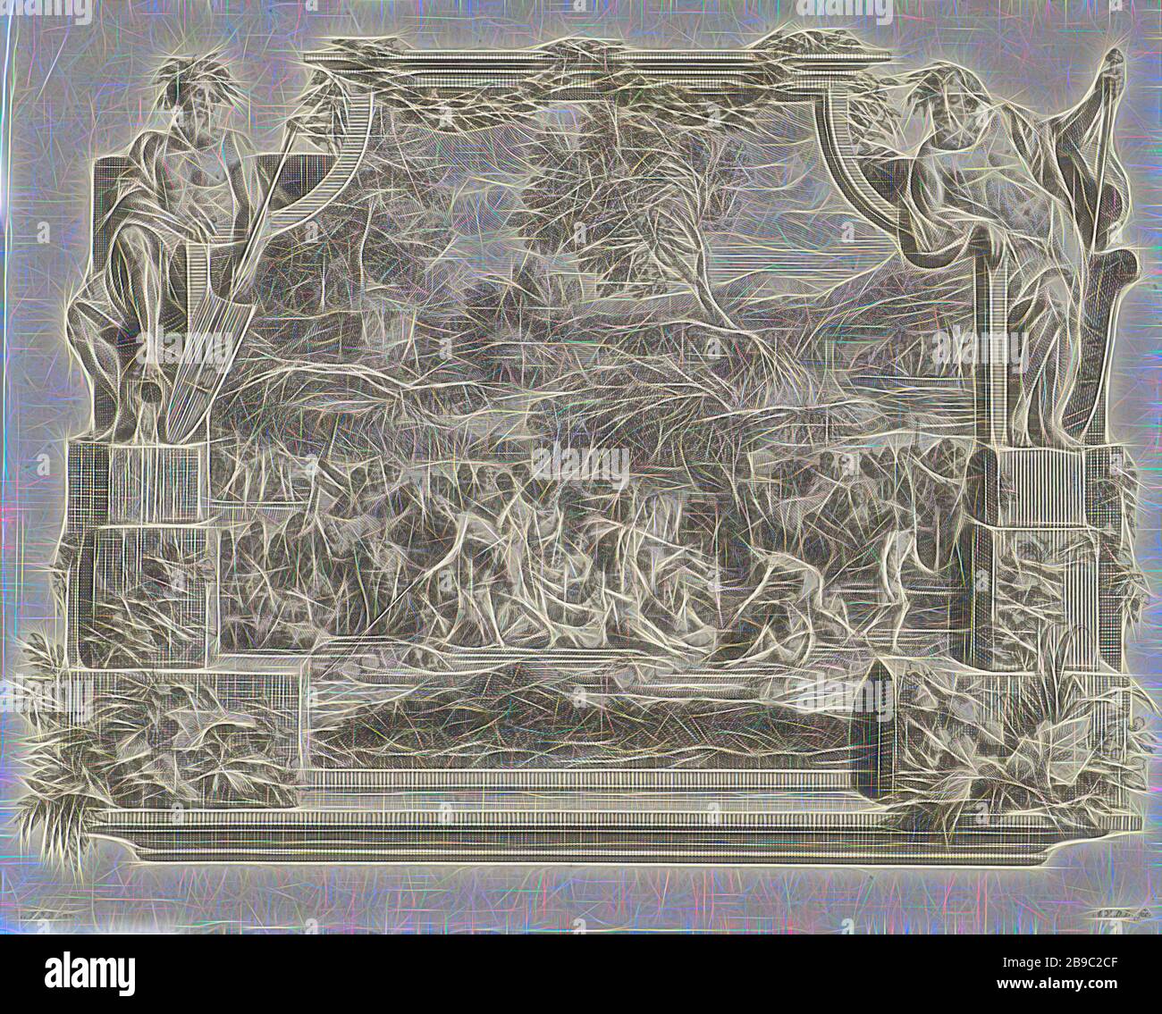 Hochwasser des Rheins und der Waal, Blick auf eine überflutete Landschaft, in der Figuren und Tiere auf Flößen und Booten im Wasser schweben. Die Darstellung ist in einem Architekturrahmen mit den Flussgötern von Rhein und Waal, Flut, Floß, Flussgötern und links und rechts, Adolf van der Laan (auf Objekt erwähnt), 1734, Papier, Briefpressdruck, h 155 mm × w 190 mm, von Gibon neu vorgestellt, enthalten, Design mit warmem, fröhlichem Glanz von Helligkeit und Lichtstrahlen. Klassische Kunst mit moderner Note neu erfunden. Die vom Futurismus inspirierte Fotografie, die dynamische Energie moderner Technologie umfasst, bewegt sich Stockfoto