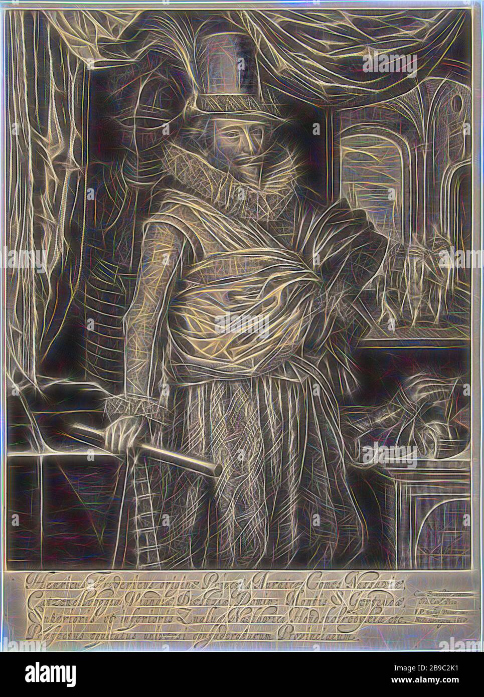 Porträt von Frederik Hendrik, Prinz von Orange-Nassau, knielanges Porträt, vor einem Gurt stehend und Draperie in Kleidung, die mit großen Falten fällt, Hut auf dem Kopf. Schauen Sie in den Hintergrund, möglicherweise in den Haagse Hof. Lateinische Umschrift in vier Zeilen, Frederik Hendrik (Prinz von Orange), Willem Jacobsz. Delff (auf Objekt erwähnt), 1618, Papier, Gravur, h 416 mm × w 308 mm, von Gibon neu vorgestellt, Design von warmem, fröhlichem Leuchten von Helligkeit und Lichtstrahlen. Klassische Kunst mit moderner Note neu erfunden. Fotografie, inspiriert vom Futurismus, mit dynamischer Energie moderner Technik Stockfoto