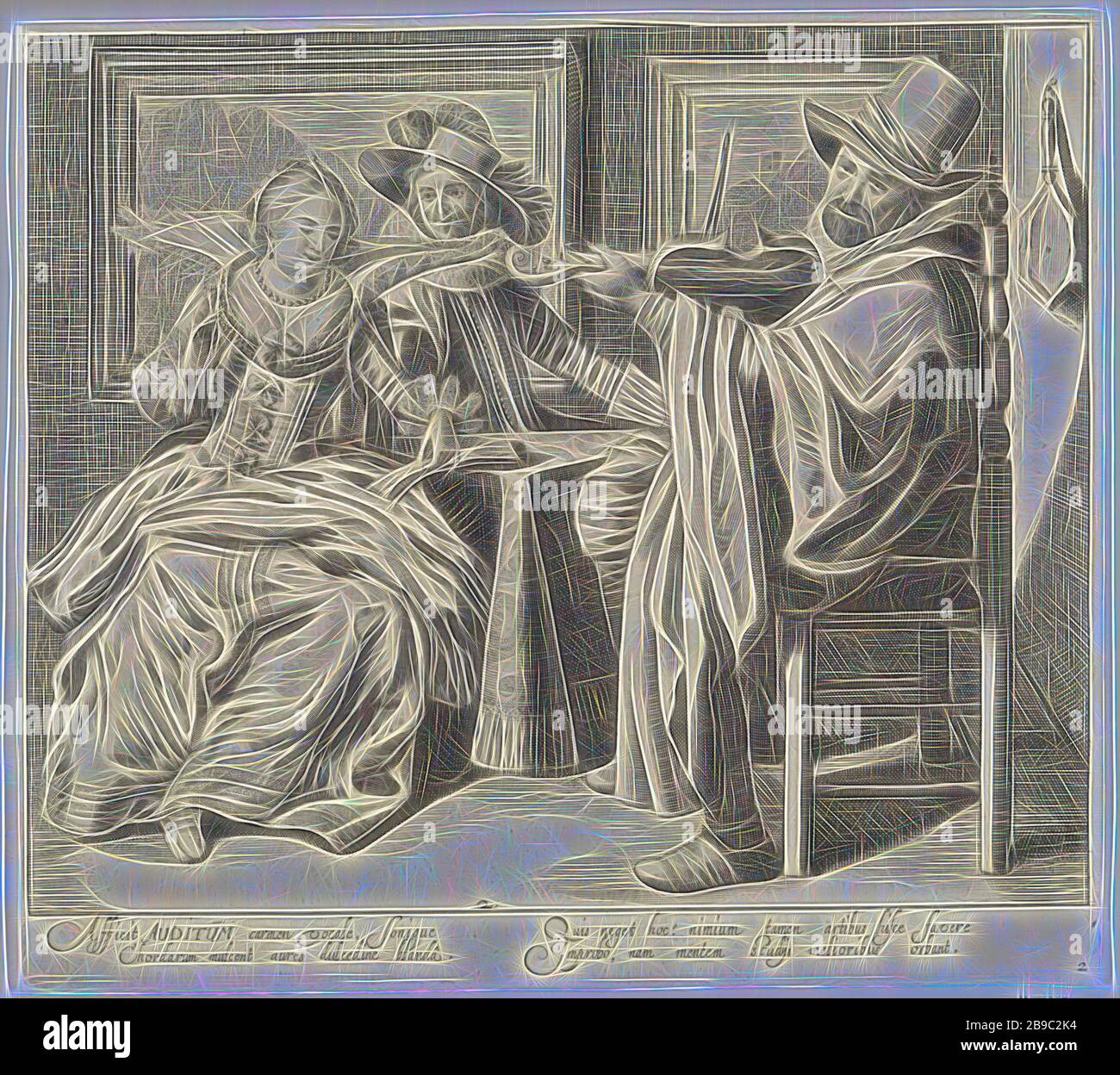 Auditus/die Anhörung fünf Sinne (Titel der Serie), in einem Innenraum, ein elegantes Paar am Tisch von einer Geige Spieler aus einer Musik Buch singen sitzt. Sie Kleidung tragen, nach der Weise der Ca. 1620. Die Dame trägt ein Kleid mit Bögen und einen sehr weiten offenen Kragen. Es gibt zwei Gemälde an der Wand hinter dem Paar. Unter dem Bild zwei Spalten mit lateinischen Text. Der Druck ist Teil einer Serie mit Drucken über die fünf Sinne, Hören, Zuhören (einer der fünf Sinne), Kleidung, Kostüm (Kleidung der Männer), Kostüm (damenbekleidung), Kap (Herren Kleidung), Kopfbedeckung: Hut (Männer c Stockfoto