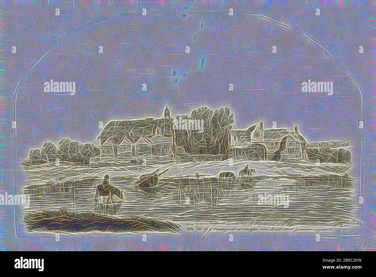 Zwei Gebäude in der Nähe eines Fens, im Hintergrund eine Kirche neben einem Bauernhof, umgeben von Bäumen. Vorne ein paar Pferde und möglicherweise eine Kuh in einem Teich. Zwischen ihnen befindet sich ein Wagen., ländlicher Wohnraum, z. B. Landhaus, Villa, Hütte, Kirche (außen), Rind, (Hof-)Wagen, Güterwagen, Wagen, Rembrandt van Rijn (auf Objekt erwähnt), 1625 - 1719, Papier, Radierung, h 138 mm × w 217 mm, von Gibon neu erdacht, Design mit warmem, fröhlichem Glanz von Helligkeit und Lichtstrahlen. Klassische Kunst mit moderner Note neu erfunden. Fotografie, inspiriert von Futurismus, die dynamische Energie moderner Technologie, Stockfoto