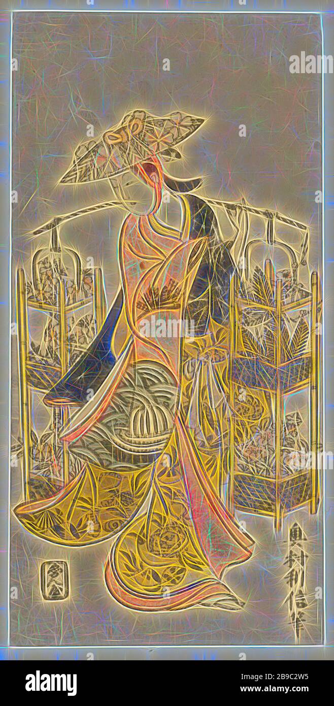 Blumenverkäuferin, Frau mit Hut und in Kimono mit Muscheln, Algen und Wellen, die ein Joch trägt, auf dem Bambus mit Blumenarrangements steht., Okumura Toshinobu (auf Objekt erwähnt), Japan, 1732-442, Papier, Kupferpulver, h 308 mm × w 153 mm, von Gibon neu vorgestellt, Design mit warmem, fröhlichem Glanz von Helligkeit und Lichtstrahlen. Klassische Kunst mit moderner Note neu erfunden. Fotografie, inspiriert vom Futurismus, die dynamische Energie moderner Technologie, Bewegung, Geschwindigkeit und Kultur revolutionieren. Stockfoto