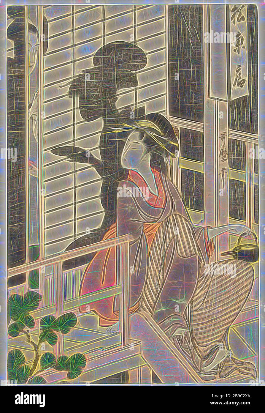Kellnerin des Teehauses Matsu Higashiya, Kellnerin mit Sake Wasserkocher in der linken Hand, auf der Veranda eines Teehauses sitzend, mit Blick auf die Schiebetür, wo zwei Frauen und ihr Schatten sichtbar sind., Kitagawa Utamaro (auf Objekt erwähnt), Japan, 1792-1800, Papier, Farbholzschnitt, h 377 mm × w 250 mm, neu von Gibon, Design von warmem, fröhlichem Leuchten von Helligkeit und Lichtstrahlen. Klassische Kunst mit moderner Note neu erfunden. Fotografie, inspiriert vom Futurismus, die dynamische Energie moderner Technologie, Bewegung, Geschwindigkeit und Kultur revolutionieren. Stockfoto