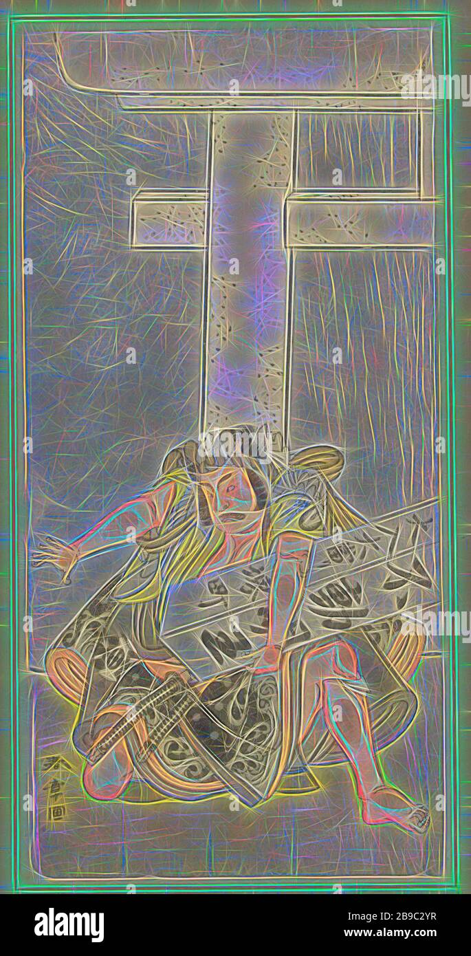 Schauspieler Nakamura Nakazo I hebt eine Säule, der Schauspieler Nakamura Nakazo I in der Rolle des Samurai, auf einem Knie, hält eine Steinsäule mit dem linken Arm, ein steinernes Torii im Hintergrund. Auf der Säule der Name des buddhistischen gottes Fudo Myoo. Linkes Blatt eines Diptychons, Nakamura Nakazo I, Katsukawa Shunsho (auf Objekt erwähnt), Japan, 797-721, Papier, Farbholzschnitt, h 308 mm × w 151 mm, von Gibon neu vorgestellt, Design von warmem, fröhlichem Leuchten von Helligkeit und Lichtstrahlen. Klassische Kunst mit moderner Note neu erfunden. Fotografie, inspiriert vom Futurismus, mit dynamischer Energie moderner Technologie Stockfoto