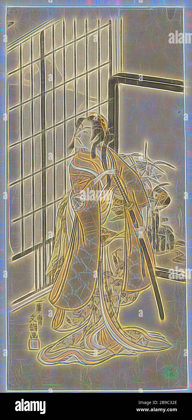 Schauspieler Matsumoto Koshiro III in der weiblichen Rolle Asagao, Schauspieler Matsumoto Koshiro III als Frau in Kimono mit Blumenmuster und langem Schwert in den Händen, Blick auf die Silhouette eines Mannes hinter der Papierwand, eine Leinwand mit dem Bild von Enten mit Wasser im Hintergrund, Ichikawa Danjûrô V, Ippitsusai Bunchô (auf Objekt erwähnt), Japan, 608, Papier, Farbholzschnitt, h 318 mm × w 146 mm, von Gibon neu vorgestellt, Design von warmfröhlichem Leuchten von Helligkeit und Lichtstrahlen. Klassische Kunst mit moderner Note neu erfunden. Fotografie inspiriert von Futurismus, die dynamische Energie moderner Technol umfasst Stockfoto