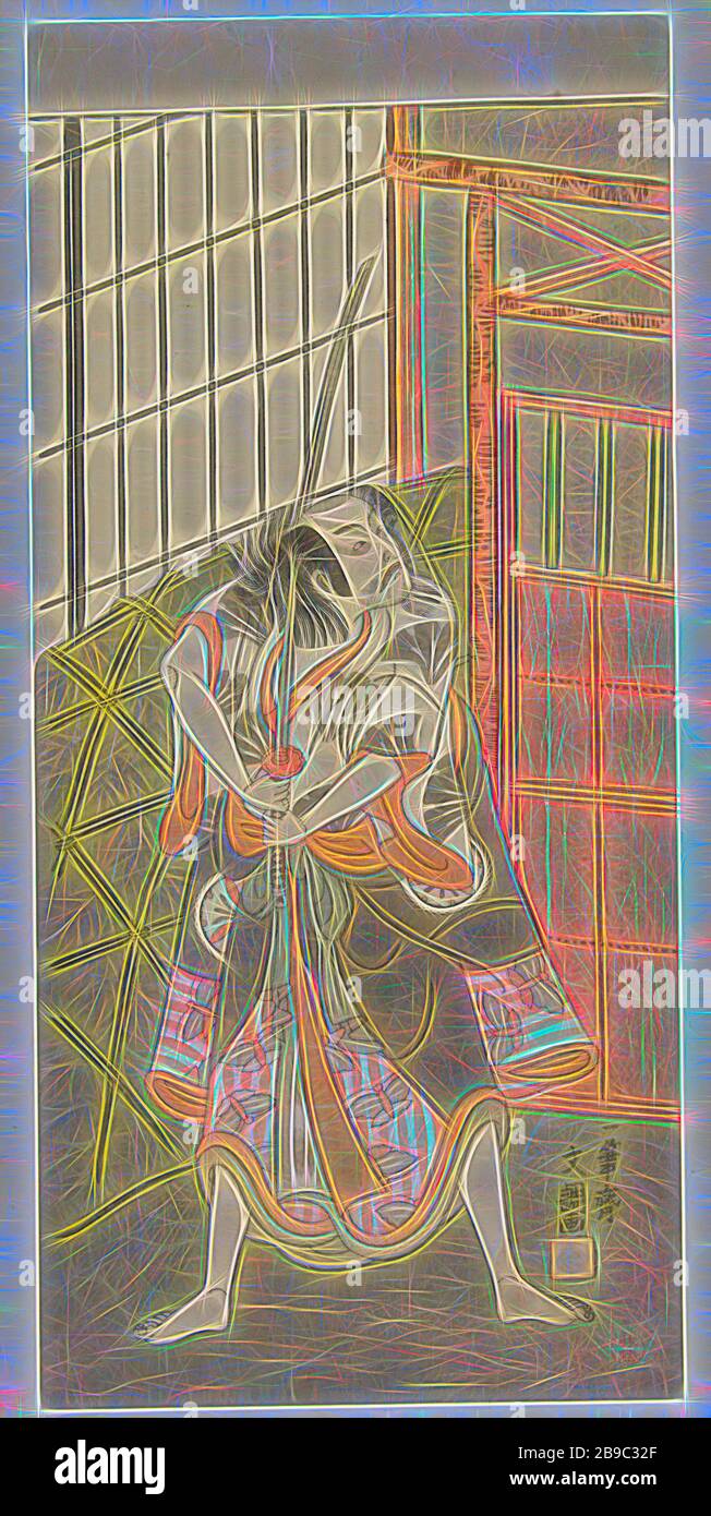 Schauspieler Matsumoto Koshiro III in der Rolle des Soga no Goro, Mann, in Gewand mit Schmetterlings- und Fanmuster, stehend, mit langem Schwert in der Hand, vor einem geschlossenen Tor, Ichikawa Danjûrô V, Ippitsusai Bunchô (auf dem Objekt erwähnt), Japan, 176J, Papier, Farbholzschnitt, h 315 mm × w 146 mm, neu von Gibon, Design von warmem, fröhlichem Leuchten von Helligkeit und Lichtstrahlen. Klassische Kunst mit moderner Note neu erfunden. Fotografie, inspiriert vom Futurismus, die dynamische Energie moderner Technologie, Bewegung, Geschwindigkeit und Kultur revolutionieren. Stockfoto