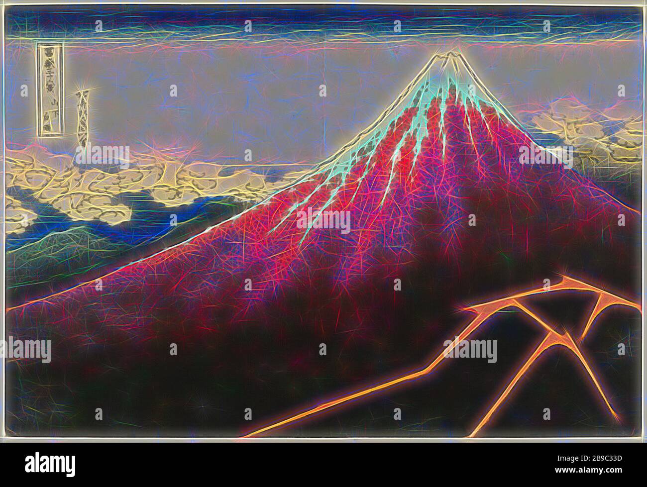 Regensturm am Fuß des Fuji Sanka Hakuu (Titel auf Objekt) 36 Ansichten des Fuji (Serientitel) Fuji Sanjurokkei (Serientitel auf Objekt), Blick auf den Fuji, rot mit weißem Schneebesen und einem dunklen Fuß mit Blitzschlägen, einer Gebirgskette und Wolken im Hintergrund, Fuji, der Berg, Katsushika Hokusai (auf Objekt erwähnt), Japan, 18-18-18-322, Papier, Farbholzschnitt, h 254 mm × w 375 mm, von Gibon neu vorgestellt, Design von warmfröhlichem Leuchten von Helligkeit und Lichtstrahlen. Klassische Kunst mit moderner Note neu erfunden. Fotografie, inspiriert von Futurismus, mit dynamischer Energie Stockfoto