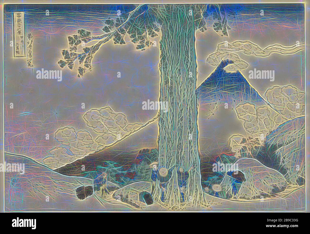 Mishima-Gebirgspass in Kai Koshu, Provinz Mishimagoe (Titel auf Objekt) 36 Ansichten des Fuji (Serientitel) Fuji Sanjurokkei (Serientitel auf Objekt), Blick auf einen Gebirgspass mit Reisenden und die Spitze des Fuji im Hintergrund, Im Vordergrund ein großer Baum, in dem drei Reisende die Größe messen, Fuji, der Berg, Katsushika Hokusai (erwähnt am Objekt), 18-18-33-10, Papier, Farbholzschnitt, h 368 mm × w 254 mm, neu von Gibon vorgestellt, Design von warmem, fröhlichem Leuchten von Helligkeit und Lichtstrahlen. Klassische Kunst mit moderner Note neu erfunden. Fotografie inspiriert von Futurismus, Embr Stockfoto