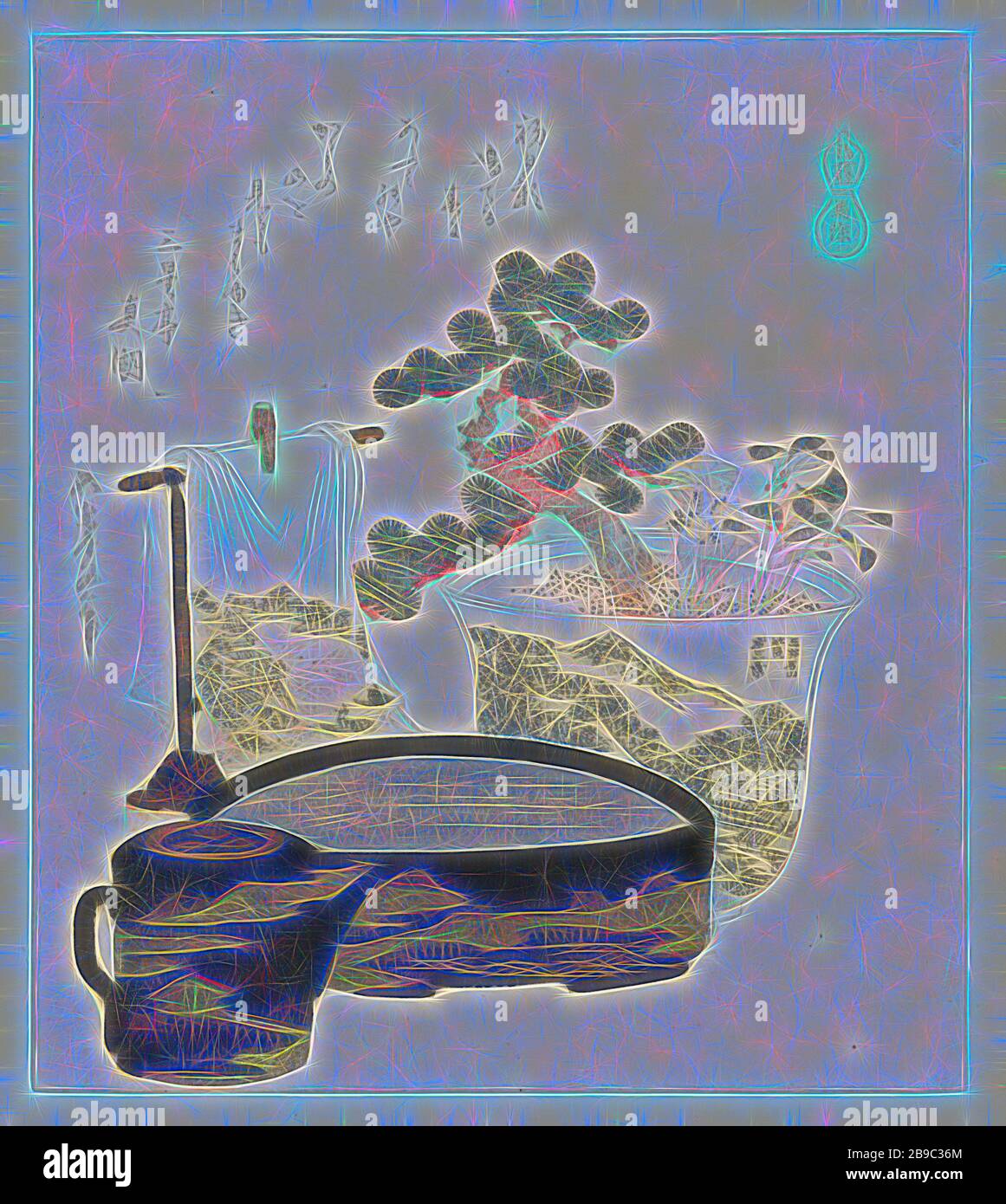 Ein Pferd Amulet Mayoke (Titel auf Objekt) EINE Serie mit Pferden (Serientitel) Umazukushi (Serientitel auf Objekt), EIN Porzellankopf mit Bonzai-Kiefer und einem Federanemon steht neben einem Handtuchhalter. Im Vordergrund eine Wasserschale und eine Lackkanne. Das Amulett aus dem Titel dieses Drucks bezieht sich wahrscheinlich auf die gespiegelte Wasseroberfläche in der Schüssel (ein Spiegel wehrt das Böse ab). Mit einem Gedicht, Teekanne, Samovar, Katsushika Hokusai (auf Objekt erwähnt), Japan, 1822, Papier, Polieren, h 206 mm × w 183 mm, von Gibon neu vorgestellt, Design von warmfröhlichem Leuchten von Helligkeit und Lichtstrahlen. Klassische Kunst Stockfoto