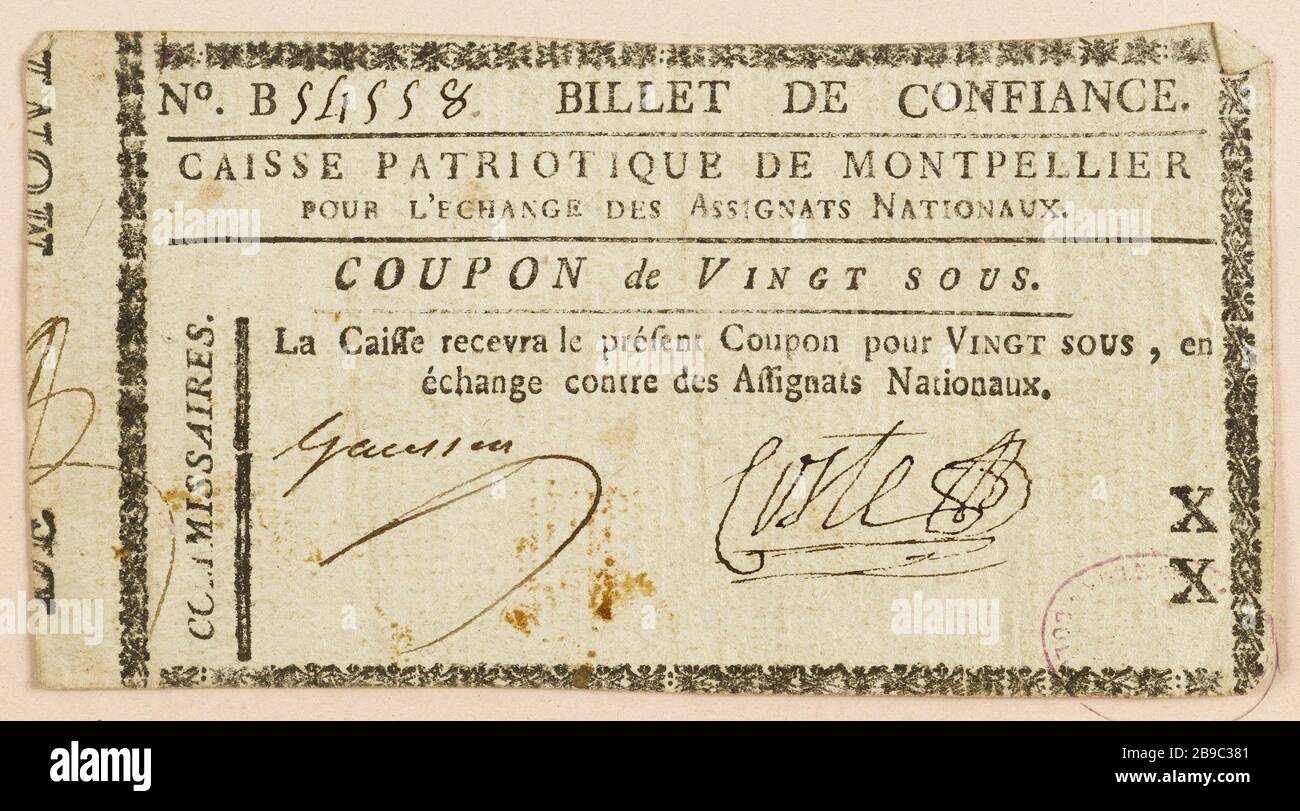 Gutschein 20 darunter, patriotisches Bargeld Montpellier, Nr. B. 54558 - XX. Anonyme. Coupon de 20 sous, caisse patriotique de Montpellier, Nr. B. 54558 - XX. Typographie, encre, sur Papier vert. Paris, musée Carnavalet. Stockfoto