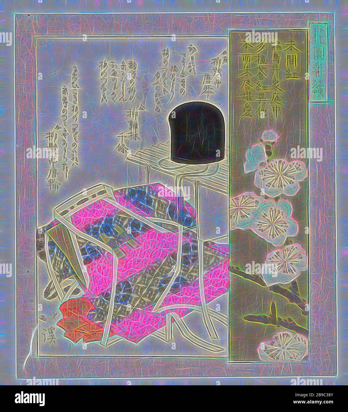 Der noch nicht eröffnete rote Mikaibeni (Titel auf Objekt) EINE Serie für den Hanazono-Poesieverband (Serientitel) Hanazono bantsuzuki (Serientitel auf Objekt), gefaltete Brokatzeremonielle Robe und einen Hofhut (eboshi) auf einem Standard. Daneben blüht Pflaumenblüte vor grünem Hintergrund. Mit drei Gedichten: Totoya Hokkei (auf Objekt erwähnt), Japan, 1823, Papier, Polieren, h 208 mm × w 182 mm, von Gibon neu vorgestellt, Design von warmfröhlichem Leuchten von Helligkeit und Lichtstrahlen. Klassische Kunst mit moderner Note neu erfunden. Fotografie, inspiriert vom Futurismus, mit dynamischer Energie des modernen Techno Stockfoto