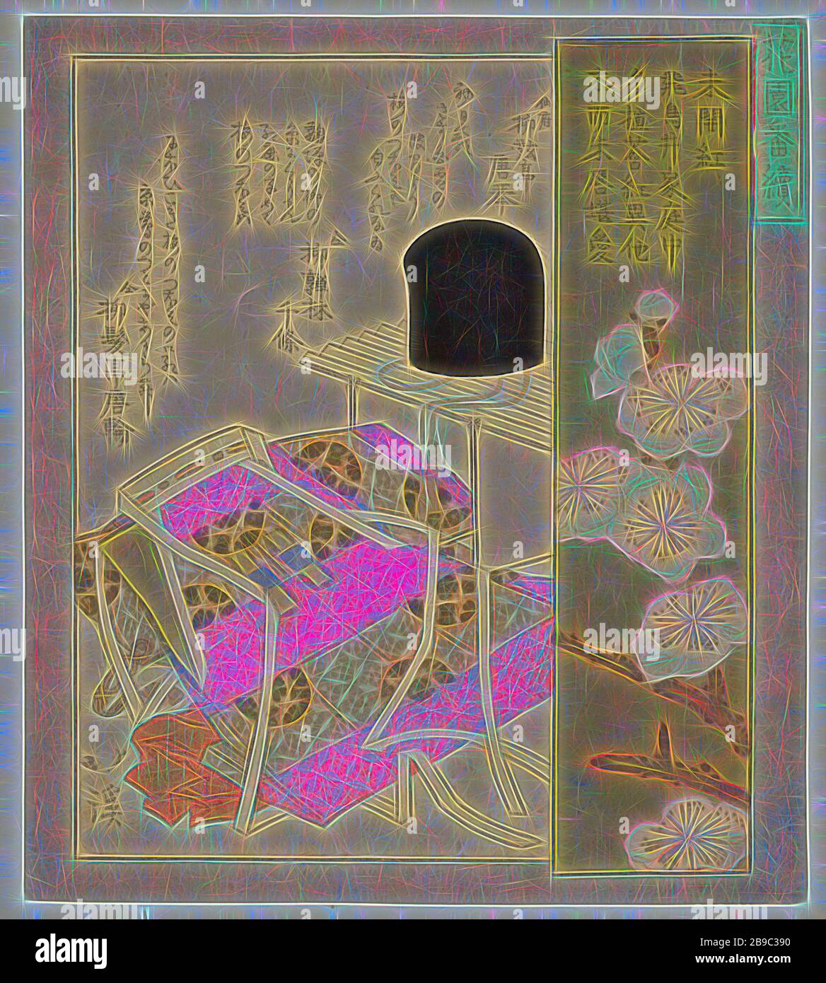 Der noch nicht eröffnete rote Mikaibeni (Titel auf Objekt) EINE Serie für den Hanazono-Gedichtverband (Serientitel) Hanazono bantsuzuki (Serientitel auf Objekt), gefaltete zeremonielle Robe aus Brokat und eine Hofmütze (eboshi) auf einem Standard. Daneben blüht Pflaumenblüte vor grünem Hintergrund. Mit drei Gedichten: Totoya Hokkei (auf Objekt erwähnt), Japan, 1820-25, Papier, Polieren, w 178 mm × h 201 mm, von Gibon neu vorgestellt, Design von warmfröhlichem Leuchten von Helligkeit und Lichtstrahlen. Klassische Kunst mit moderner Note neu erfunden. Fotografie, inspiriert von Futurismus, mit dynamischer Energie des Modus Stockfoto