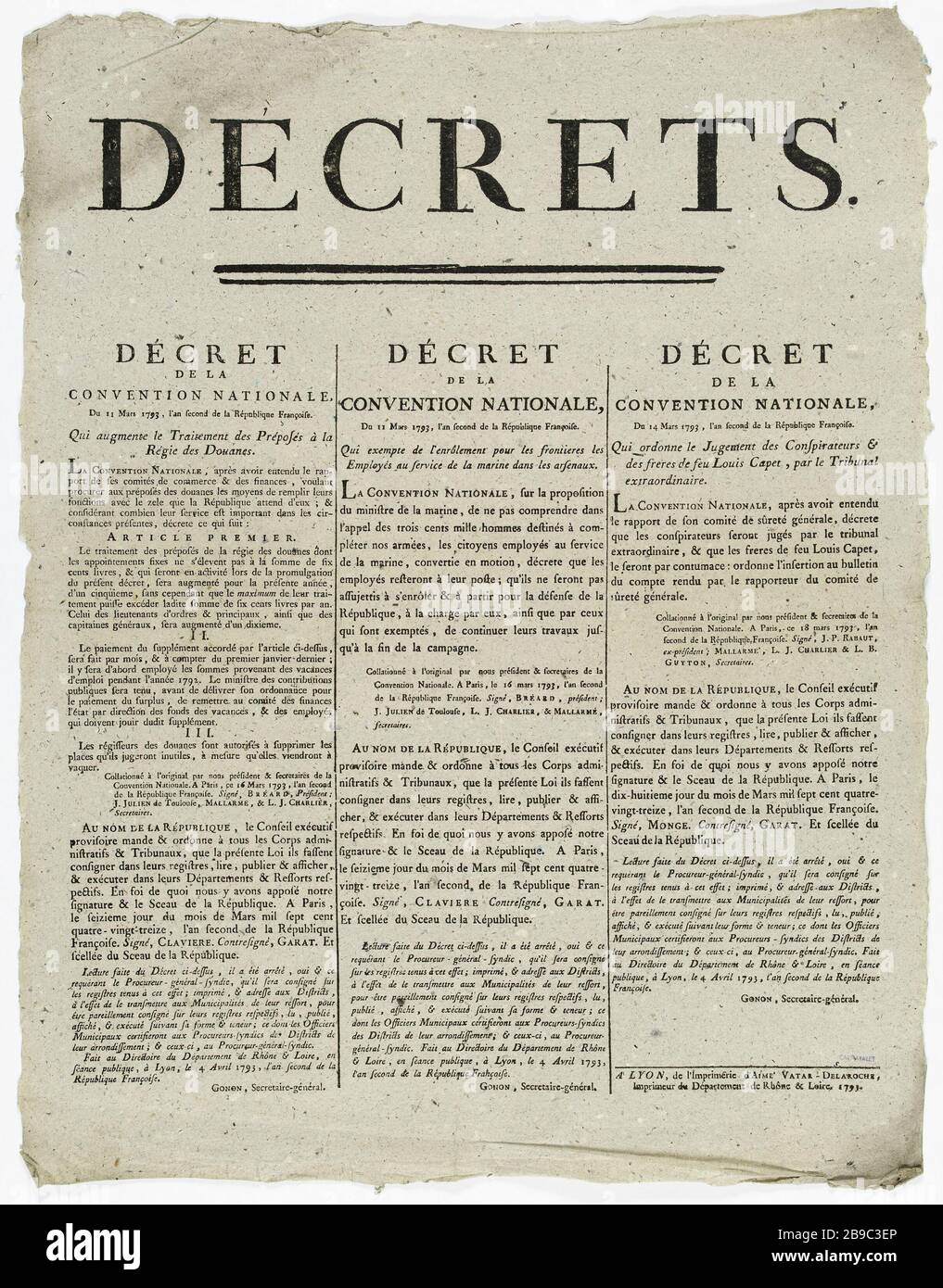 DEKRETE. VERORDNUNG DES NATIONALEN ABKOMMENS vom 11. März 1793, dem zweiten Jahr der französischen Republik [sic]. Erhöhung der Verarbeitungs-Assistenten an den Zollrat. Décret de la Convention nationale qui augmente le traitement des Préposés à la Régie des Douanes. Typographie, 171. Paris, musée Carnavalet. Stockfoto