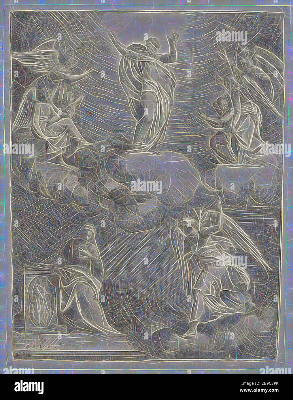 Verkündigung, kündigt der Engel Gabriel Maria an, dass sie schwanger werden wird. Maria sitzt an einem Schreibtisch mit einem Buch darauf. Über Gott der Vater auf Wolken, auf beiden Seiten von den Engeln flankiert, die Verkündigung: Maria, in der Regel Lesung, wurde von dem Engel besucht, manchmal die Frau Engel, Battista Franco (erwähnt am Objekt), Italien, 1520 - 1561, Papier, Radierung, h 345 mm × w 260 mm, von Gibon neu vorstellbar, Entwurf eines warmfröhlichen Lichts der Helligkeit und Lichtstrahlen. Klassische Kunst mit moderner Note neu erfunden. Fotografie, inspiriert vom Futurismus, mit dynamischer Energie der Moderne Stockfoto