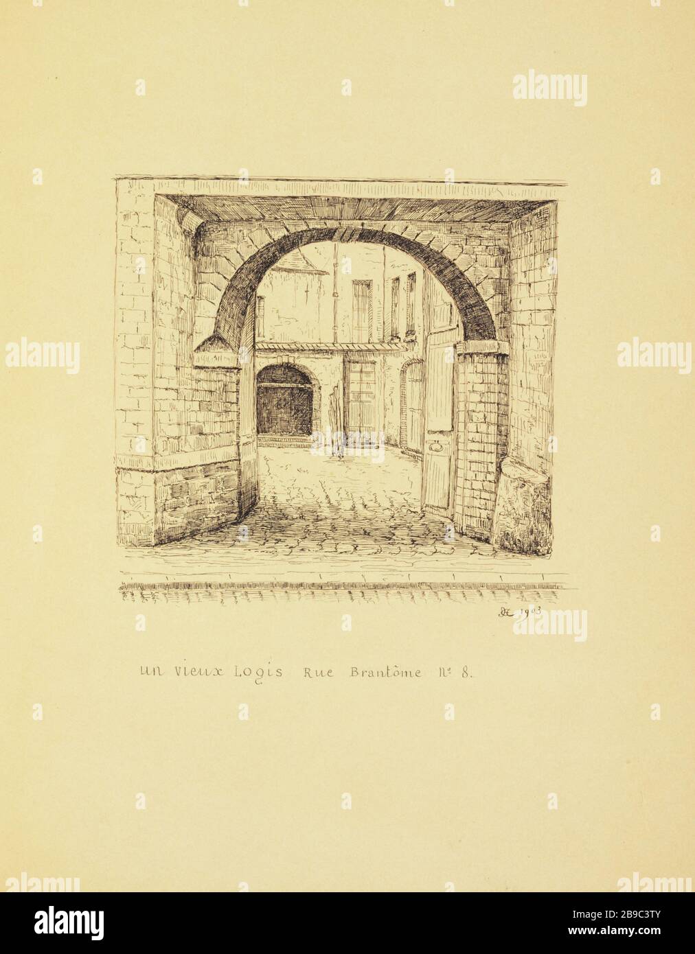 [Altes Paris] ein altes Haus, 8 rue Brantôme 1903 Henri Chapelle (1850-1925), dessinateur français. Le Vieux Paris. UN vieux logis, 8 rue Brantôme. Pflaume, Encre de Chine. Paris (IIIème arr.), 1903. Paris, musée Carnavalet. Stockfoto