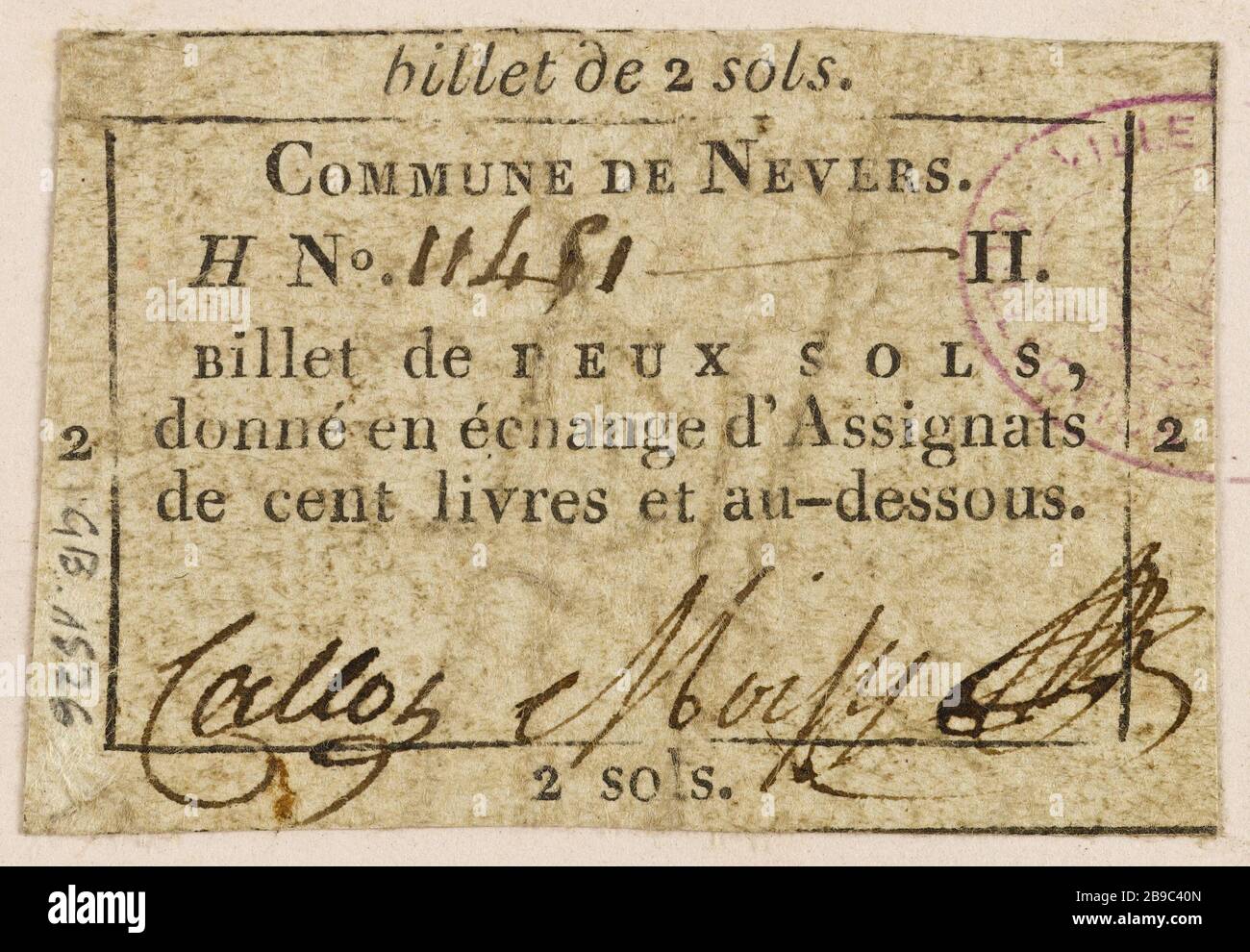 2 Rechnung Bodenstadt Nevers, H. Nr. 11451 II Anonyme. Billet de 2 sols, commune de Nevers, H. Nr. 11451 II Typographie, encre. Paris, musée Carnavalet. Stockfoto