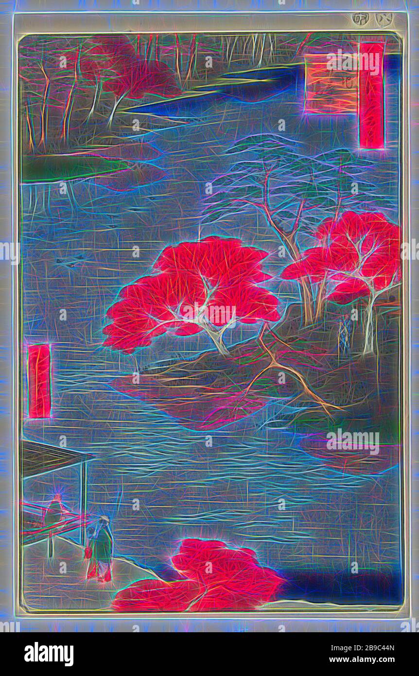 Tempelgelände des Akiba-Schreins in Ukiji Ukiji Akiba no keidai (Titel auf Objekt) hundert berühmte Ansichten von Edo (Serientitel) Meisho Edo hyakkei (Serientitel auf Objekt), Vogelperspektive auf einen Park mit Wasser und Bäumen in Herbstfarben. Im Vordergrund stehen zwei Frauen neben einer Veranda, auf der ein Mann zeichnet, Herbstlandschaft, Landschaft, die den Herbst symbolisiert (die vier Jahreszeiten des Jahres), Hiroshige (I), Utagawa (auf Objekt erwähnt), Tokio, 1857, Papier, Farbholzschnitt, h 353 mm × w 231 mm, neu von Gibon vorgestellt, Design mit warmem, fröhlichem Glanz von Helligkeit und Lichtstrahlen. Verteilen Stockfoto