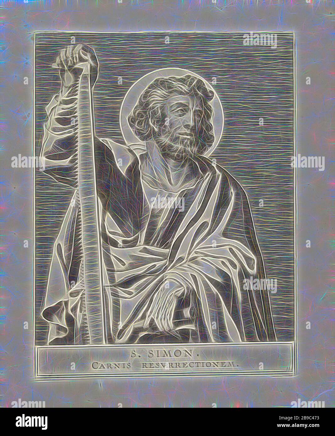 H. Simon, der heilige Simon, der mit einer Schriftrolle und einer Säge in den Händen steht., der Apostel Simon Zelotes (oder Simon der Canaanite), mögliche Attribute: Buch, Säge, Schriftrolle, Cornelis Galle (I), Südholland, 1586 - 1650, Papier, Gravur, h 278 mm × w 213 mm, von Gibon neu vorgestellt, Design von warmem, fröhlichem Leuchten von Helligkeit und Lichtstrahlen. Klassische Kunst mit moderner Note neu erfunden. Fotografie, inspiriert vom Futurismus, die dynamische Energie moderner Technologie, Bewegung, Geschwindigkeit und Kultur revolutionieren. Stockfoto H. Simon, der heilige Simon, der mit einer Schriftrolle und einer Säge in den Händen steht., der Apostel Simon Zelotes (oder Simon der Canaanite), mögliche Attribute: Buch, Säge, Schriftrolle, Cornelis Galle (I), Südholland, 1586 - 1650, Papier, Gravur, h 278 mm × w 213 mm, von Gibon neu vorgestellt, Design von warmem, fröhlichem Leuchten von Helligkeit und Lichtstrahlen. Klassische Kunst mit moderner Note neu erfunden. Fotografie, inspiriert vom Futurismus, die dynamische Energie moderner Technologie, Bewegung, Geschwindigkeit und Kultur revolutionieren. Stockfoto
