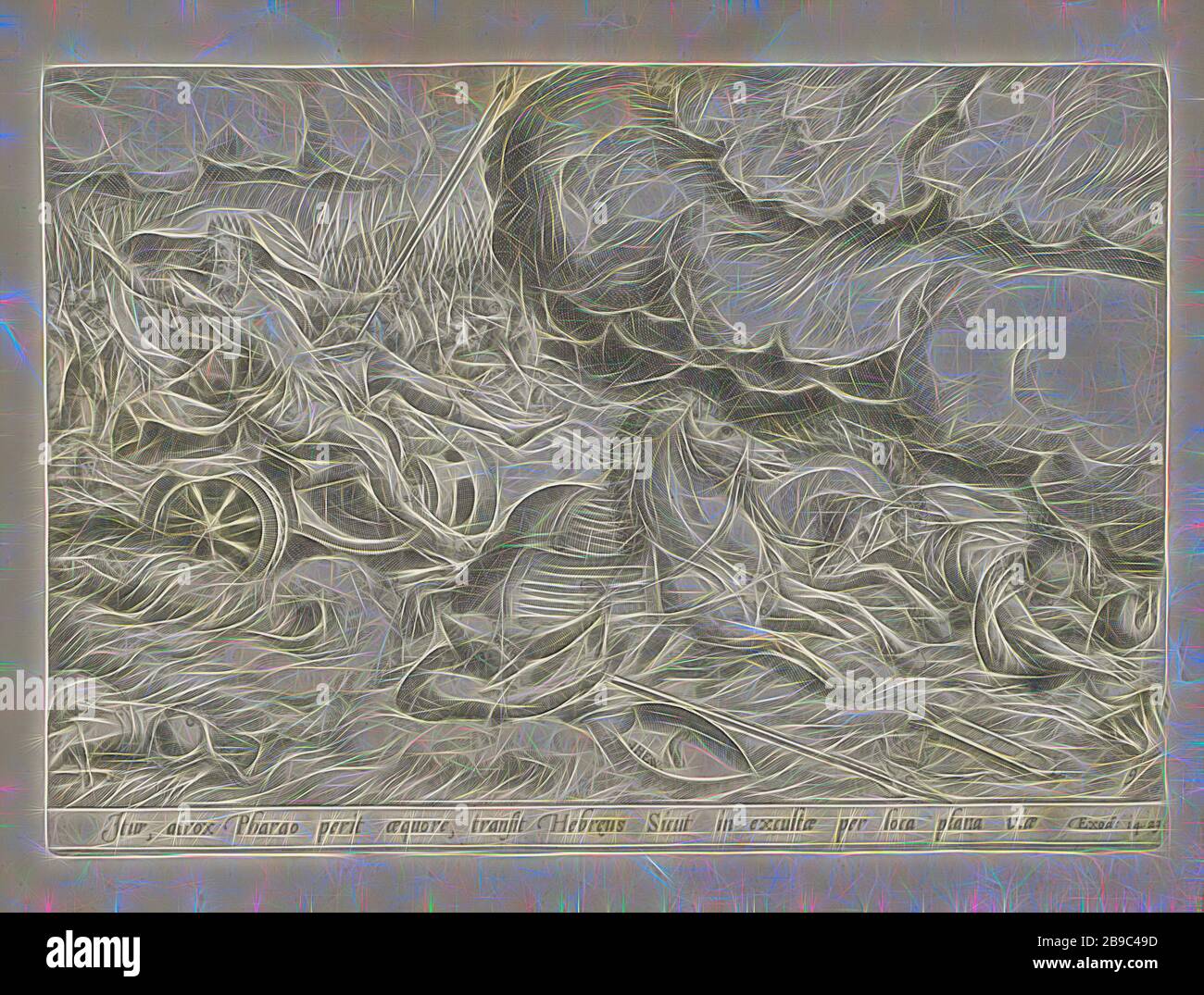 Zerstörung der ägyptischen Armee im Roten Meer durch Moyses und Pharao (Serientitel) Geschichte des Mooses für den Exodus (Serientitel) den Grooten Figuer-Bibel (...) (Serientitel), nachdem die Israeliten die andere Seite des Roten Meeres erreicht haben, fließt das Wasser des Roten Meeres zurück und ertränkt den Pharao und seine Armee. Unter der Aufführung eine Referenz in lateinischer Sprache auf den Bibeltext in Ex. 14:23. Dieser Druck ist Teil eines Albums, das Pharao und seine Armee in das Rote Meer (Israeliten nicht oder kaum sichtbar), Johannes Wierix (auf Objekt erwähnt), 1579 und/oder 1646, Papier, Gravur, h 201 mm × w 286 mm, Re verschlang Stockfoto
