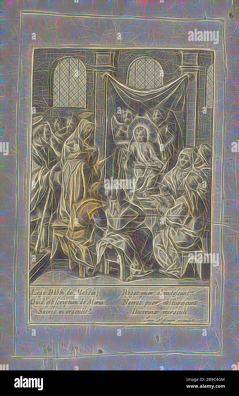 Christus als Zwölfjähriger in der TempelVita Deiparae Virginis Mariae (Serientitel) Leben der Jungfrau Maria (Serientitel) sitzt Christus im Tempel auf einem Thron, hinter ihm zwei Engel. Er erklärt den Schriftgelehrten das Drehbuch. Joseph und Maria betreten den Tempel und finden unter den Gelehrten ihren zwölfjährigen Sohn. Am Rand eine sechszeilige Überschrift in zwei Spalten, in lateinischer Sprache. Der Druck ist Teil eines Albums, Christos Streit mit den Ärzten im Tempel, er zählt seine Argumente auf den Fingern, Jean Matheus (auf Objekt erwähnt), Paris, 1590 - 1649, Papier, Gravur, h 101 mm × w 67 mm, neu gedacht Stockfoto
