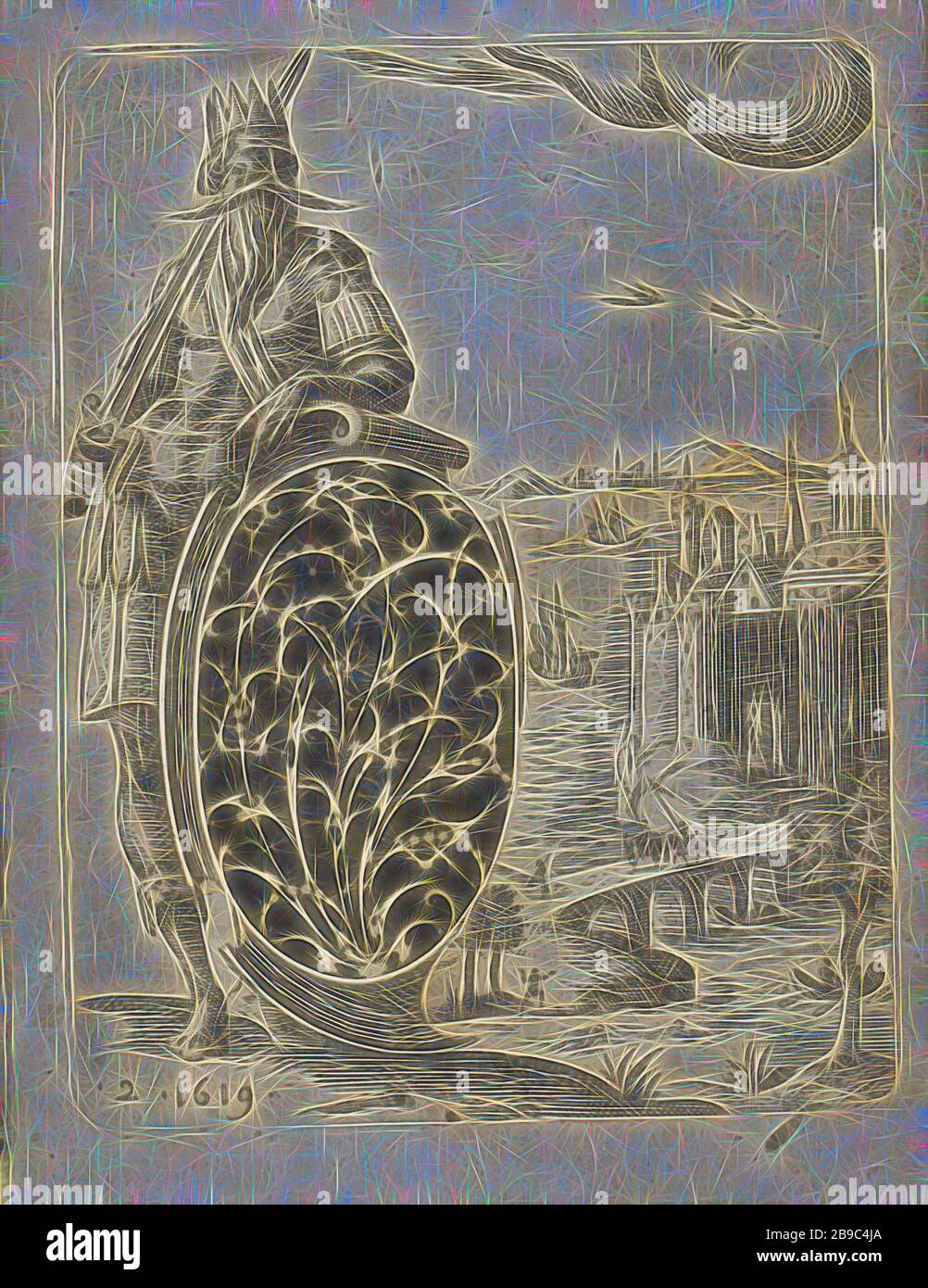 Schwarze Zierde in Form eines Schildchens Schwarze Verzierungen (Serientitel), schwarze Verzierung in Form eines Schildes, gehalten von einem gepanzerten König mit Schwert. Rechts eine Burg, am Meer gelegen. Unten links nummeriert 2. Der Druck ist Teil eines Albums, Verzierungen, Kunst, Schutzwaffen: Schild, Schloss, König, Jean Toutin, Châteaudun, 1619, Papier, Gravur, h 105 mm × w 81 mm, von Gibon neu vorgestellt, Design von warmfröhlichem Leuchten von Helligkeit und Lichtstrahlen. Klassische Kunst mit moderner Note neu erfunden. Fotografie inspiriert von Futurismus, die dynamische Energie moderner Technologie, Bewegung, Stockfoto