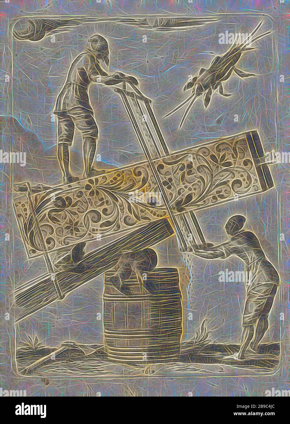 Schwarze Zierde in Form eines Sägebalkens schwarze Verzierungen (Serientitel), zwei Männer sahen einen Balken mit schwarzem Schmuck in der Mitte. Die Planke wird von einem Stein, Balken, einer Baumwurzel und einem Fass getragen. Oben rechts ein Käfer. Nummeriert unten rechts 2. Der Druck ist Teil eines Albums, Verzierungen, Kunst, Sägen (industrieller Prozess), Insekten: käfer, Jean Toutin, Châteaudun, 1619, Papier, Gravur, h 106 mm × w 78 mm, von Gibon neu vorgestellt, Design von warmfröhlichem Leuchten von Helligkeit und Lichtstrahlen. Klassische Kunst mit moderner Note neu erfunden. Fotografie, inspiriert vom Futurismus, mit dynamischer Energie von mo Stockfoto