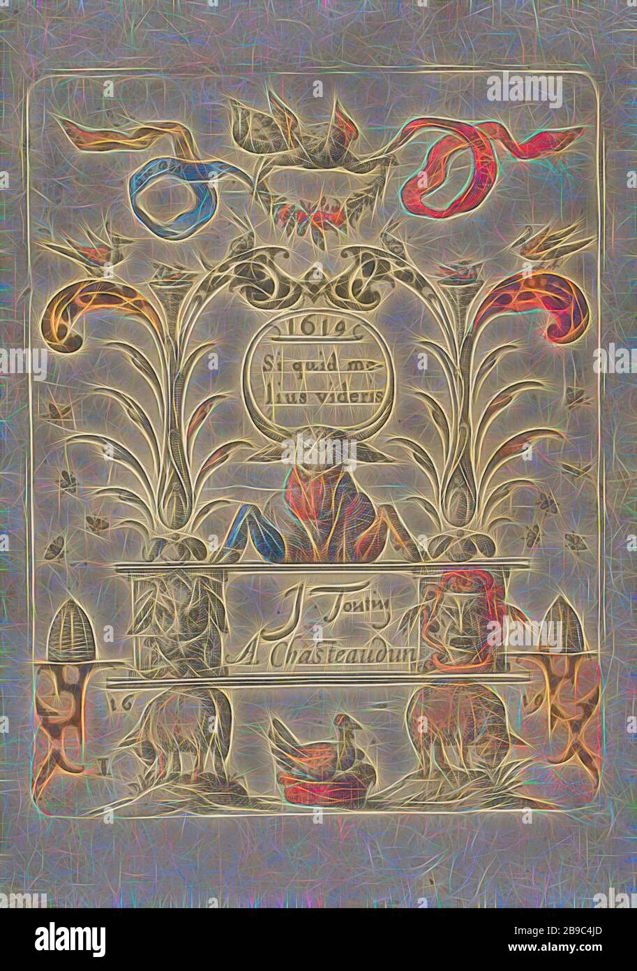Stier und vordere Beine auf einer Höhe Sic Fox nicht Vobis/Si quid Melius videris (Titel der Serie auf Objekt) schwarz Ornamente (Titel der Serie), einem Bullen oder Ochsen mit der Titel der Serie zwischen den Hörnern und seine Vorderbeine auf einer Höhe mit zwei Säulen und Brunnen Mascarons. Auf beiden Seiten einen Bienenstock und im Vordergrund zwei grasenden Schafen und ein Huhn in einem Korb mit Eiern. An der Spitze ein putto mit einem Kranz und ein Band mit dem Motto: Sic vos non Vobis. Nummerierte linken unteren I. Der Druck ist Teil eines Albums, Schmuck, Kunst, Titelblatt, Ochse, bee-Hive, Schafe, Jean Toutin, Châteaudun, 1619, Papier, Gravur, h Stockfoto