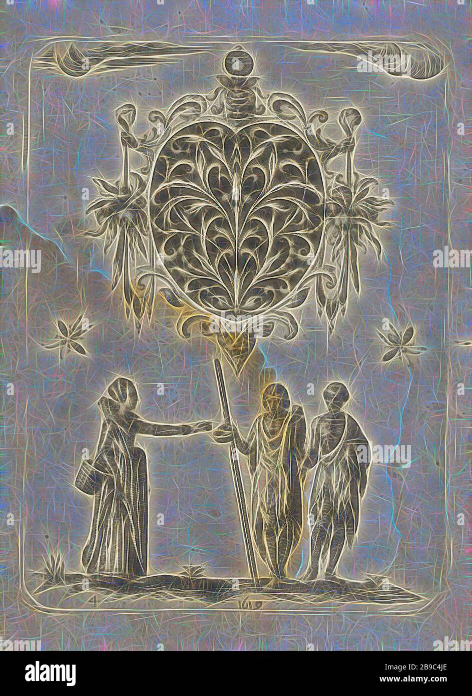 Blackwork in Form eines Herzens, schwarze Zierde in Form eines Herzens, in einem Rahmen mit Mascarons und zwei Obstbunen. Unten gibt eine Frau, die gut zu tun ist und einen Korb auf dem Arm hat, zwei armen Männern Almosen. Unten links nummeriert 4. Der Druck ist Teil eines Albums, Verzierungen, Kunst, Giving Alms, Sammlung, Insekten: Biene, die reichen, die Armen, Jean Toutin, Châteaudun, 1619, Papier, Gravur, h 108 mm × w 79 mm, neu von Gibon, Design von warmem fröhlichem Leuchten von Helligkeit und Lichtstrahlen. Klassische Kunst mit moderner Note neu erfunden. Fotografie, inspiriert vom Futurismus, mit dynamischem ENE Stockfoto