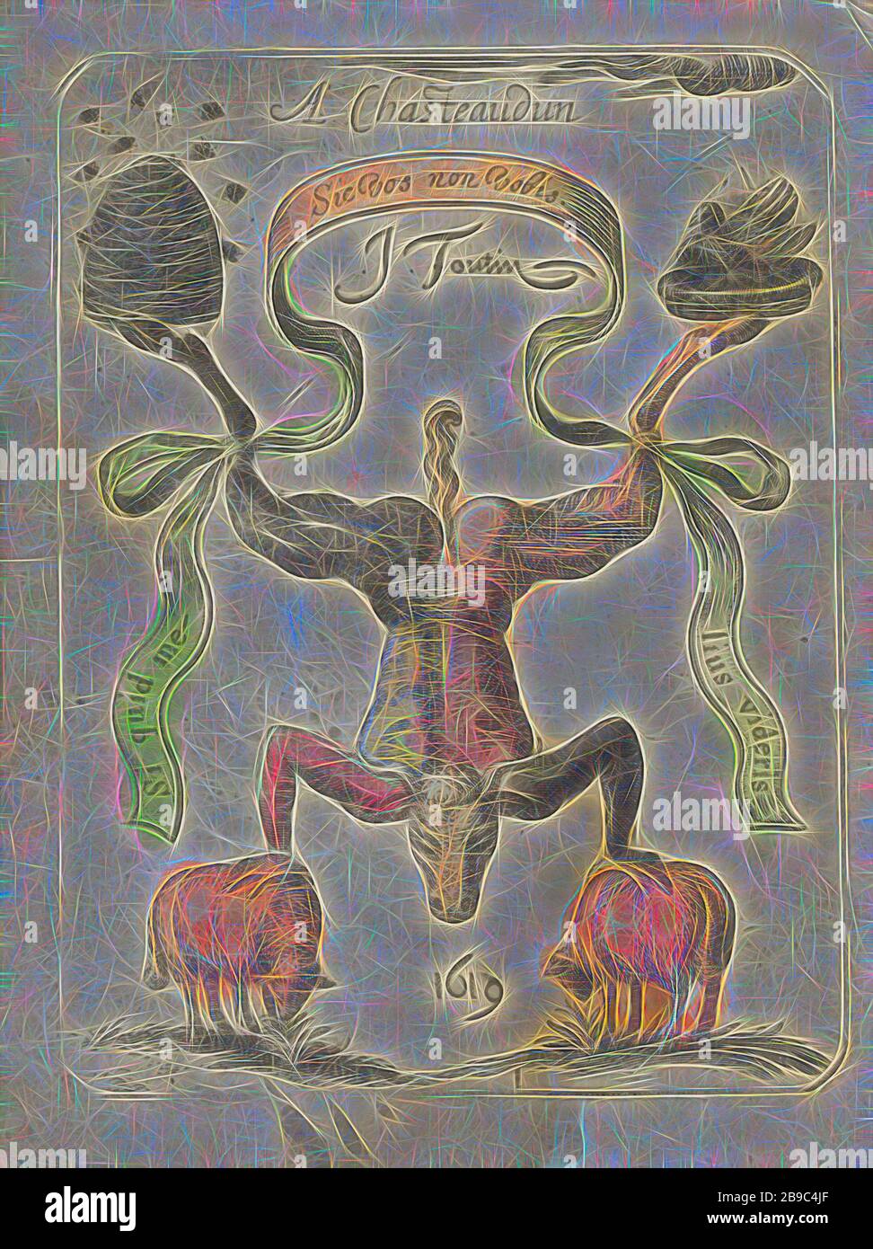 Stier im Handstand SIC Fuchs non vobis / Si quid melius videris (Serientitel auf Objekt) Schwarze Verzierungen (Serientitel), EIN Stier oder Ochse steht in Handstand auf zwei weidenden Schafen. Auf seinen Hinterbeinen ein Hive- und ein Hühnernest. Die Titel der Serie sind auf einem Band geschrieben, das an beide Beine gebunden ist. Nummeriert unten Mitte 1. Der Druck ist Teil eines Albums, Verzierungen, Kunst, auf dem Kopf oder an den Händen stehend, Stier, Bienenstock, Schaf, Jean Toutin, Châteaudun, 1619, Papier, Gravur, h 105 mm × w 79 mm, von Gibon neu vorstellbar, Design von warmem, fröhlichem Leuchten von Helligkeit und Lichtstrahlen. Die klassische Kunst wird wieder aufgenommen Stockfoto