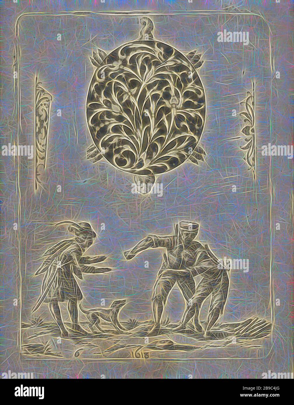 Schwarze Zierde in Form einer Schildkröte Schwarze Verzierungen (Serientitel), schwarze Zierde in Form einer Schildkröte. Darunter zwei kämpfende Männer. Ein dritter Mann mit Hund versucht, sie zu beruhigen. Nummeriert unten links 6. Der Druck ist Teil eines Albums, Verzierungen, Kunst, Schildkröten, Turtles, Fighting, Jean Toutin, Châteaudun, 1618, Papier, Gravur, h 110 mm × w 80 mm, von Gibon neu vorgestellt, Design von warmem, fröhlichem Leuchten von Helligkeit und Lichtstrahlen. Klassische Kunst mit moderner Note neu erfunden. Fotografie, inspiriert von Futurismus, mit dynamischer Energie moderner Technologie, Bewegung, Geschwindigkeit und Rev Stockfoto