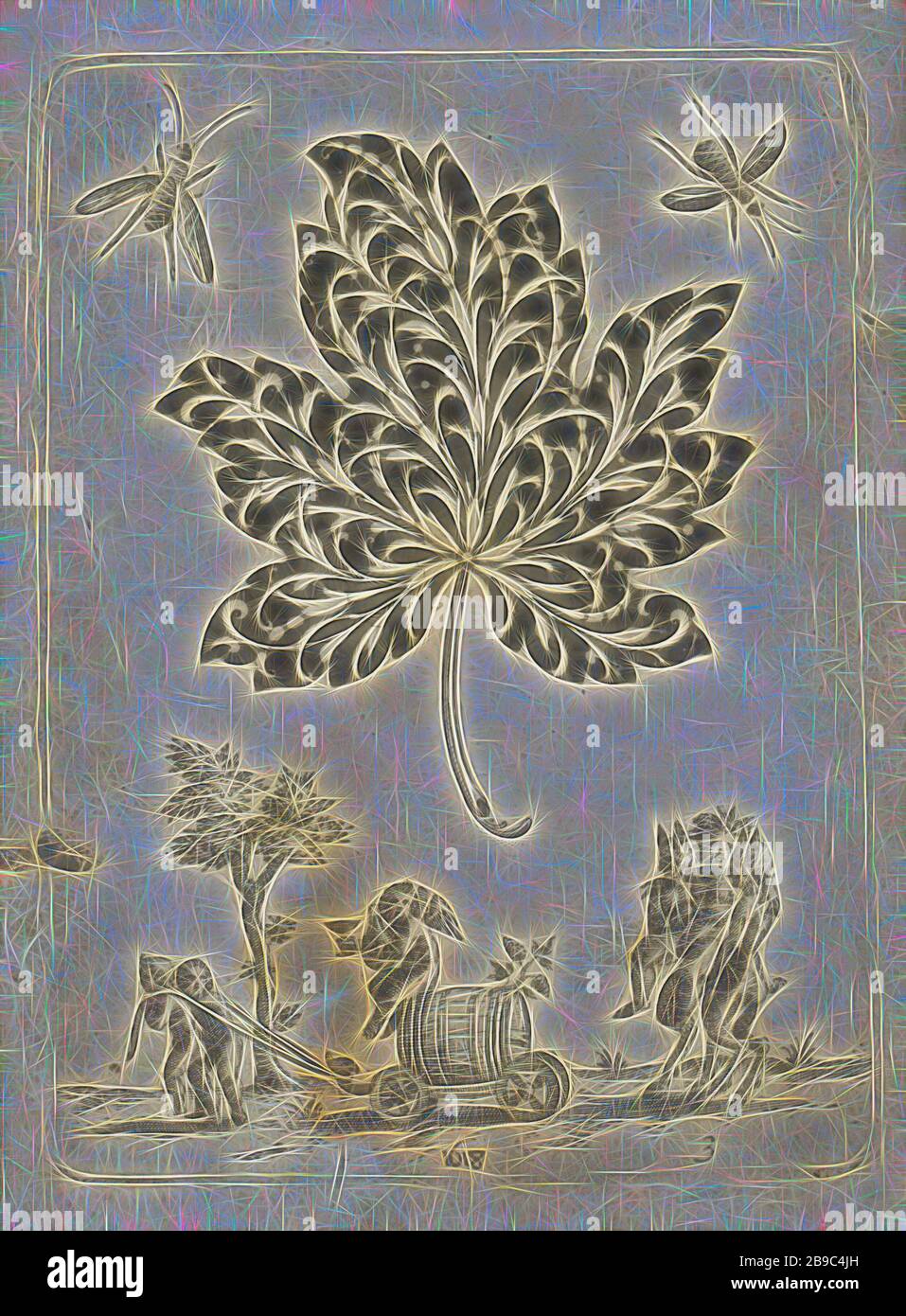 Schwarze Zierde in Form eines Ahorn-Blattes. Schwarze Verzierungen (Serientitel), schwarze Verzierung in Form eines Ahorn-Blattes. Oben zwei Bienen. Unter der Bacchus-Prozession. Bacchus wird von zwei Satyrern getragen. Zwei Putten ziehen ein Weinfass. Nummeriert unten rechts 3. Der Druck ist Teil eines Albums, Verzierungen, Kunst, (Geschichte von) Bacchus (Dionysos), Liber, Jean Toutin, Châteaudun, 1618, Papier, Gravur, h 110 mm × w 81 mm, von Gibon neu vorgestellt, Design von warmfröhlichem Leuchten von Helligkeit und Lichtstrahlen. Klassische Kunst mit moderner Note neu erfunden. Fotografie, inspiriert vom Futurismus, mit Dynami Stockfoto