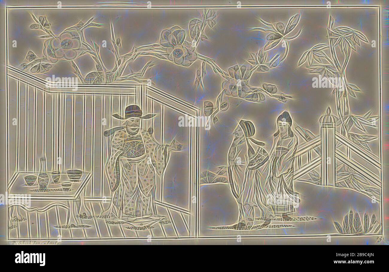 Reich bekleideter Mann in einem Stuhl in der Nähe eines gesetzten Tisches neu gezeichnete Sinees mit großem Moeyte signiert und in 't Ligt gegeben von P. Schenk jun (...), zweiter Teil (Serientitel), reich gekleideter Chinese Mann in einem Stuhl von einem gesetzten Tisch. Zwei Abbildungen auf der rechten Seite. Im Hintergrund blühen Zweige. Print ist Teil eines Albums, Chinesisch (Kostüm), Bäume (Blumen, Blüte, Blüte), Pieter Schenk (II), Amsterdam, 1727 - 1775, Papier, Radierung, h 168 mm × w 265 mm, von Gibon neu vorgestellt, Design von warmem fröhlichem Leuchten von Helligkeit und Lichtstrahlen. Klassische Kunst mit moderner Note neu erfunden. Fotografie inspiriert Stockfoto