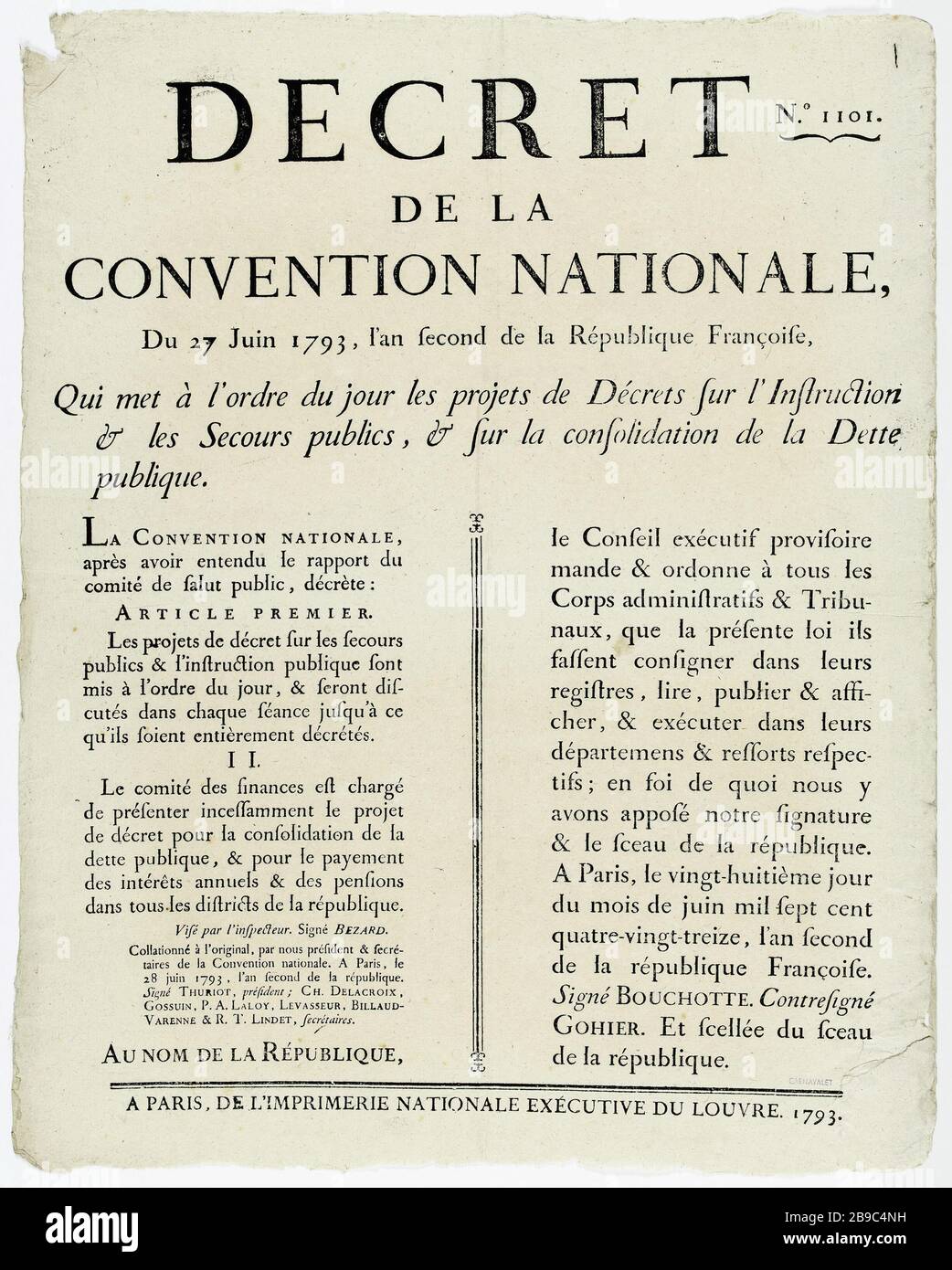 Nein. 1101. VERORDNUNG DES NATIONALEN ABKOMMENS vom 27. Juni 1793, dem zweiten Jahr der französischen Republik, der die Agenda der Projekte zur Bildung und öffentlichen Hilfe sowie zur Konsolidierung der Staatsschulden ablegt. Décret de la Convention nationale qui met à l'ordre du jour les projets de décrets sur l'Instruction et les Secours publics et sur la Consolidation de la dette publique. Gravure sur bois et Typographie, 171. Paris, musée Carnavalet. Stockfoto