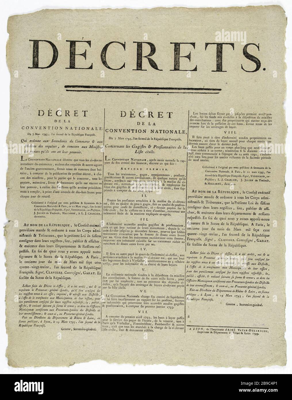 DEKRETE. ERLASS DER NATIONALEN KONVENTION vom 7. März 1793, dem zweiten Jahr der französischen Republik. Wer bestellt die Handelsstewards und die Master of Requests, um den Ministern, die sie Papier in ihren Händen haben, zu liefern. Décret de la Convention nationale qui ordonne aux intendants du commerce et aux maîtres des requêtes, de remettre aux ministres les Papiers qu'ils ont en leur pouvoir. Typographie, 171. Paris, musée Carnavalet. Stockfoto