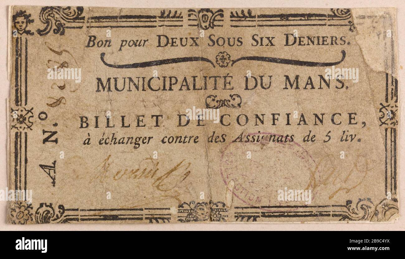 2 Trusted Ticket unter 6 Denier, Gemeinde Le Mans, 8285 A Nr. Anonyme. Billet de confiance de 2 sous 6 deniers, munizialité du Mans, A Nr. 8285. Typographie, encre. 1790-1793. Paris, musée Carnavalet. Stockfoto